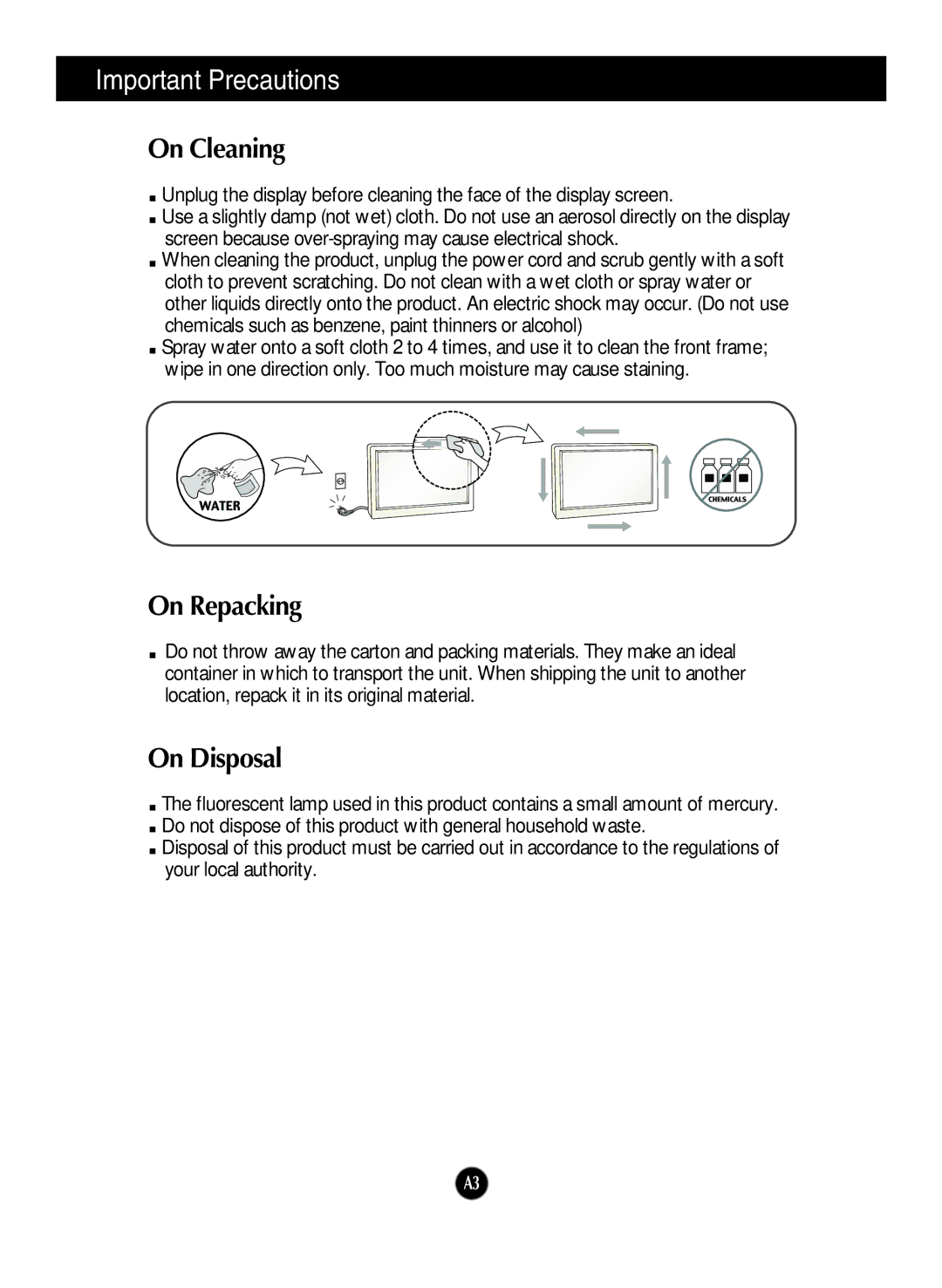 LG Electronics L1942S, L1742S manual On Cleaning, On Repacking, On Disposal 