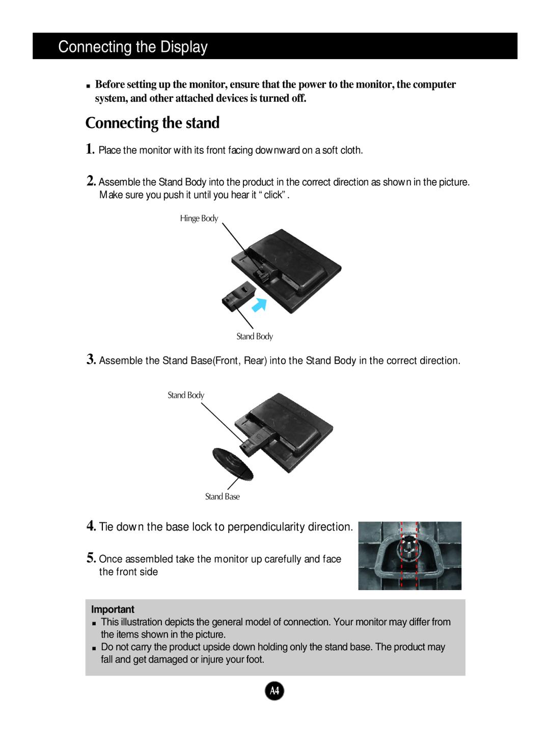 LG Electronics L1742S, L1942S manual Connecting the Display, Connecting the stand 