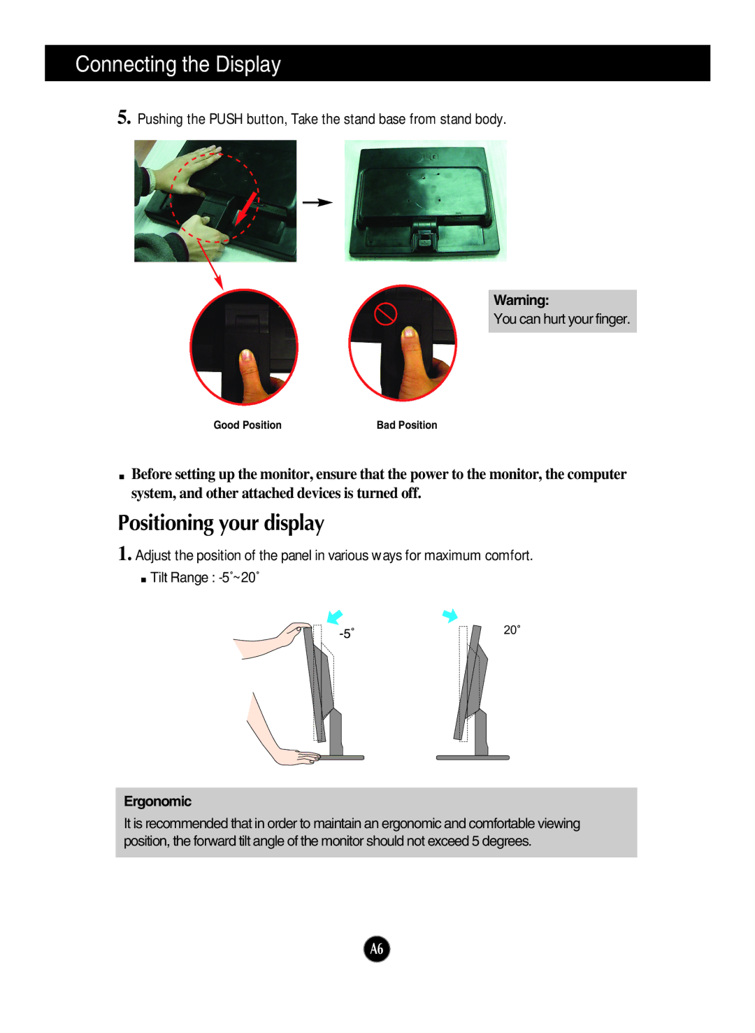 LG Electronics L1742S, L1942S manual Positioning your display, Ergonomic 