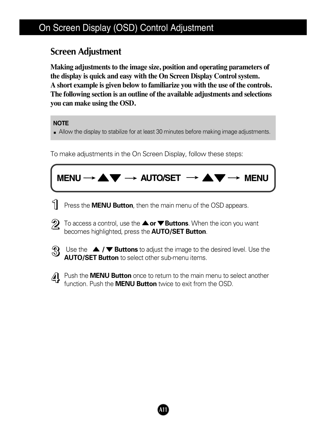 LG Electronics L194WS, L204WS manual On Screen Display OSD Control Adjustment, Screen Adjustment 