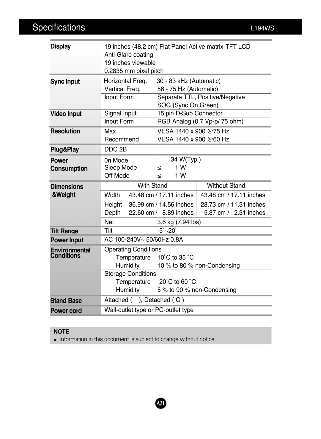 LG Electronics L194WS, L204WS manual Specifications 