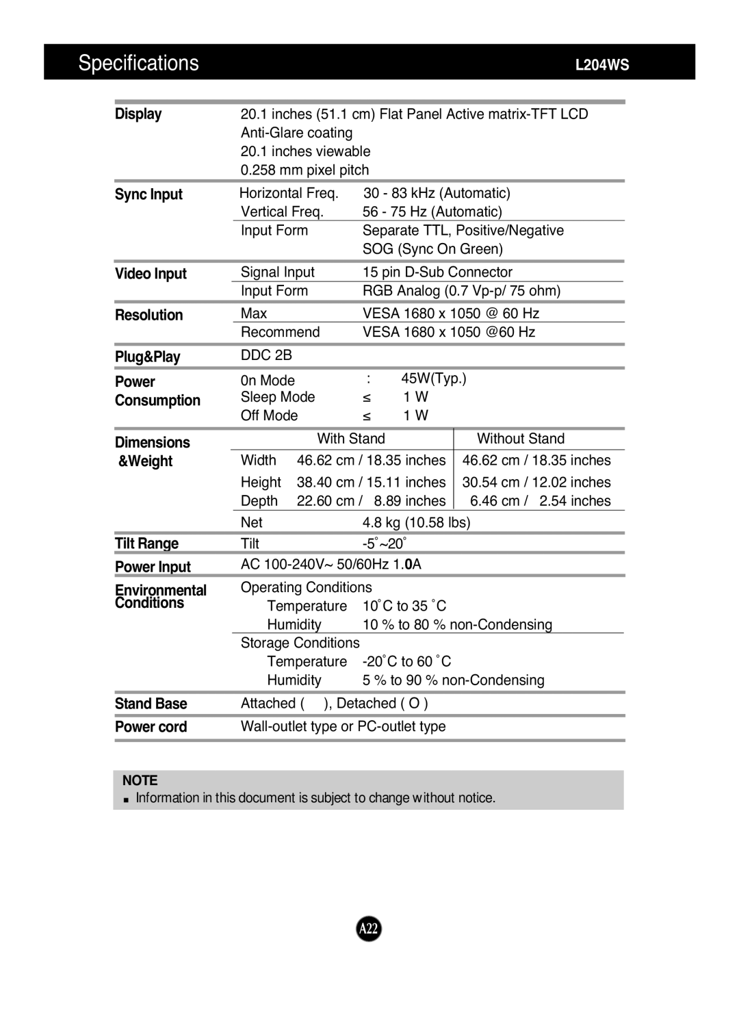 LG Electronics L204WS, L194WS manual Specifications 