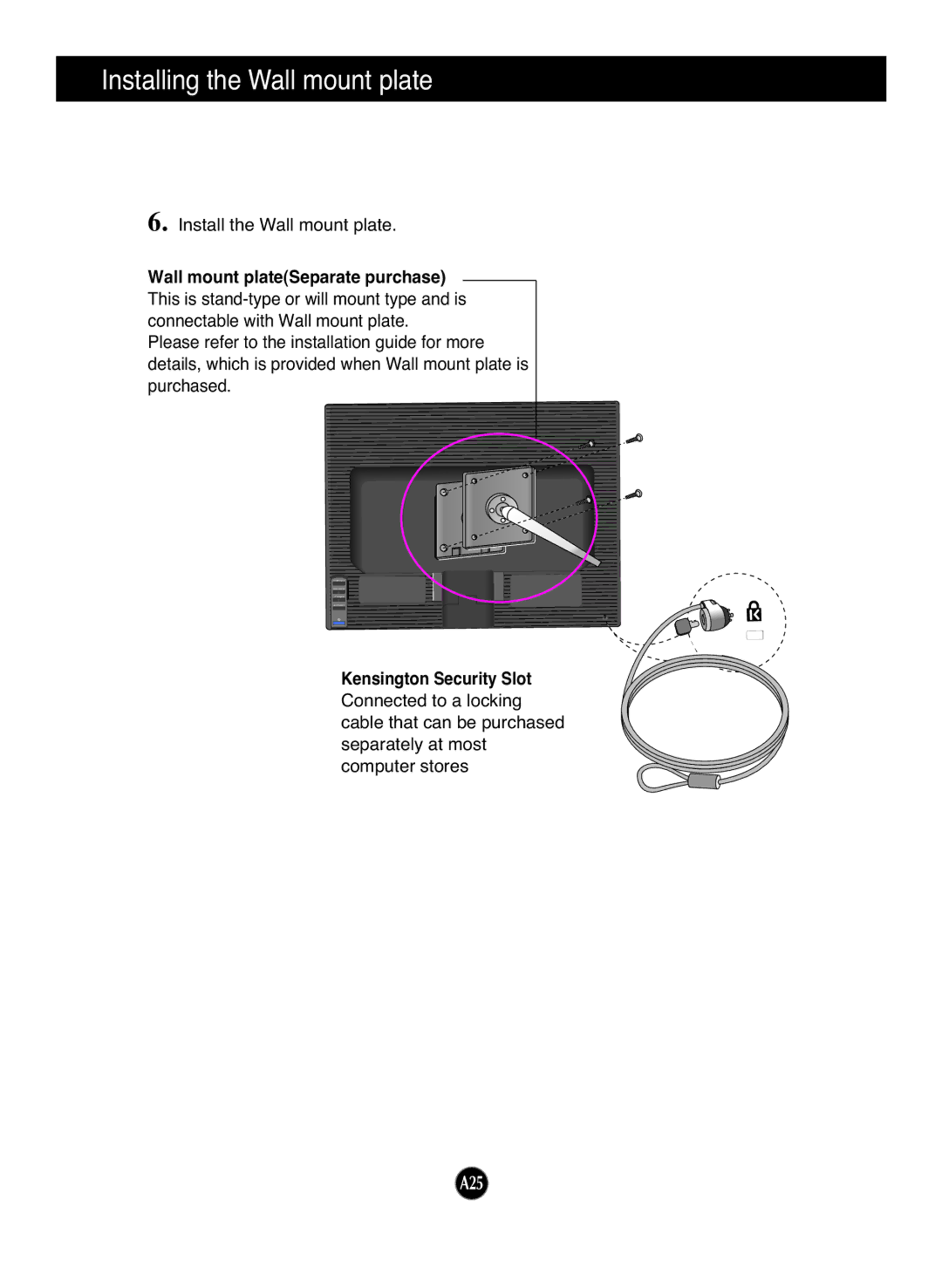 LG Electronics L194WS, L204WS manual Wall mount plateSeparate purchase, Kensington Security Slot 