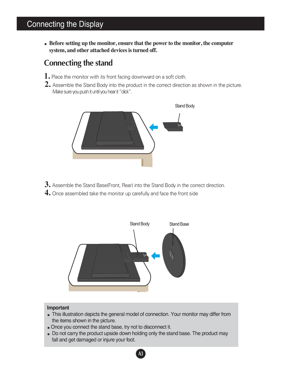 LG Electronics L194WS, L204WS manual Connecting the Display, Connecting the stand 