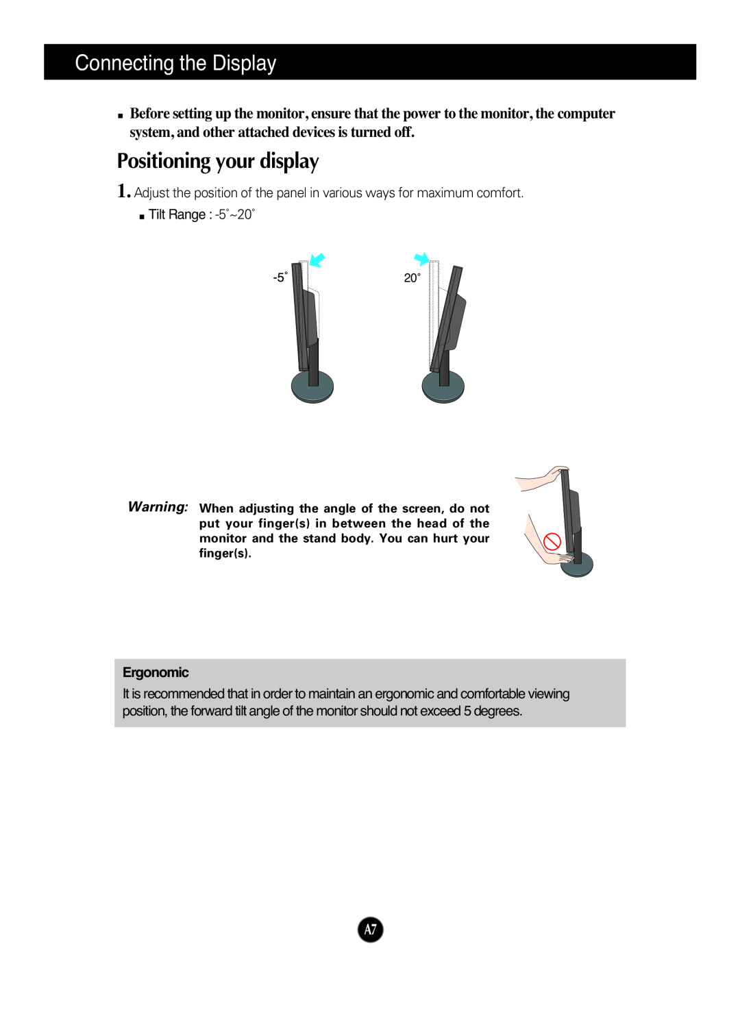 LG Electronics L194WS, L204WS manual Positioning your display, Connecting the Display, Ergonomic 
