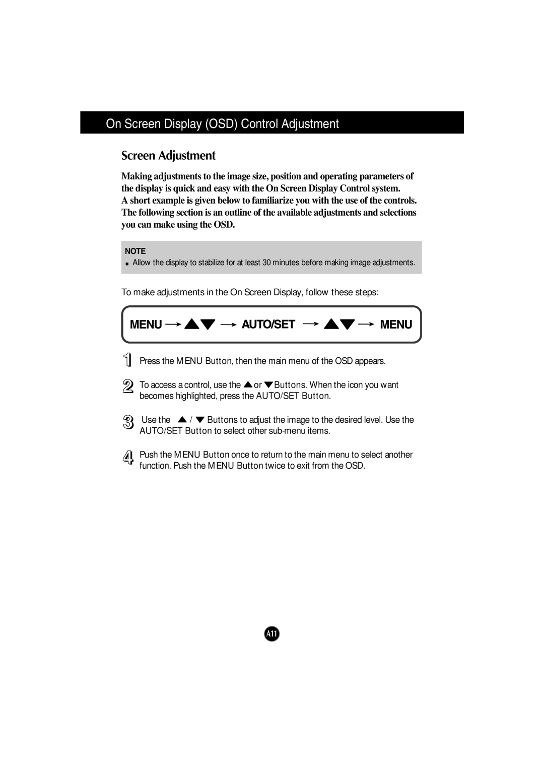 LG Electronics L204WTX, L194WTM, L194WTX, L194WTQ, L204WTM manual On Screen Display OSD Control Adjustment, Screen Adjustment 