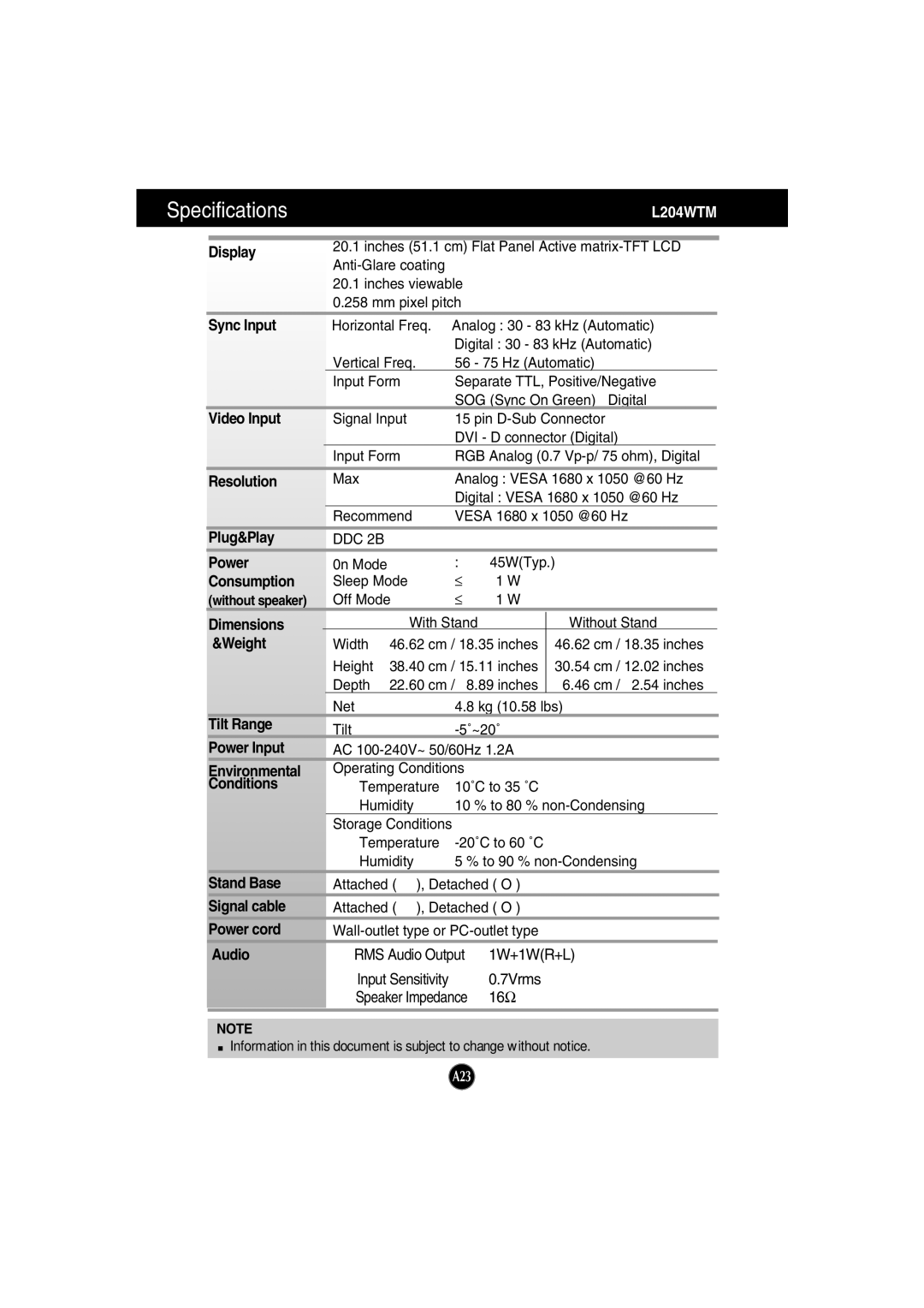 LG Electronics L194WTM, L194WTX, L194WTQ, L204WTX, L204WTQ manual L204WTM 