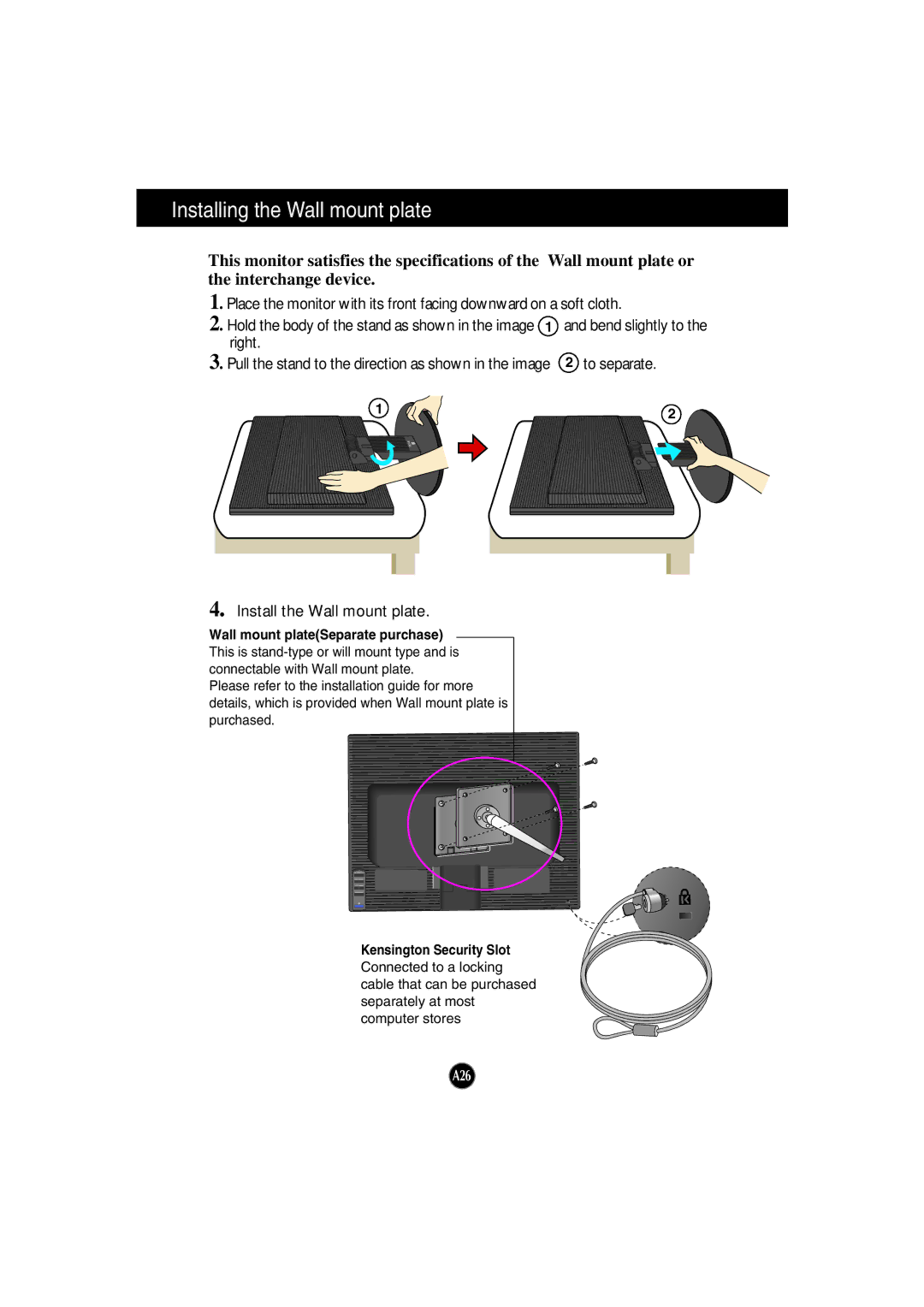 LG Electronics L194WTQ manual Installing the Wall mount plate, Wall mount plateSeparate purchase, Kensington Security Slot 