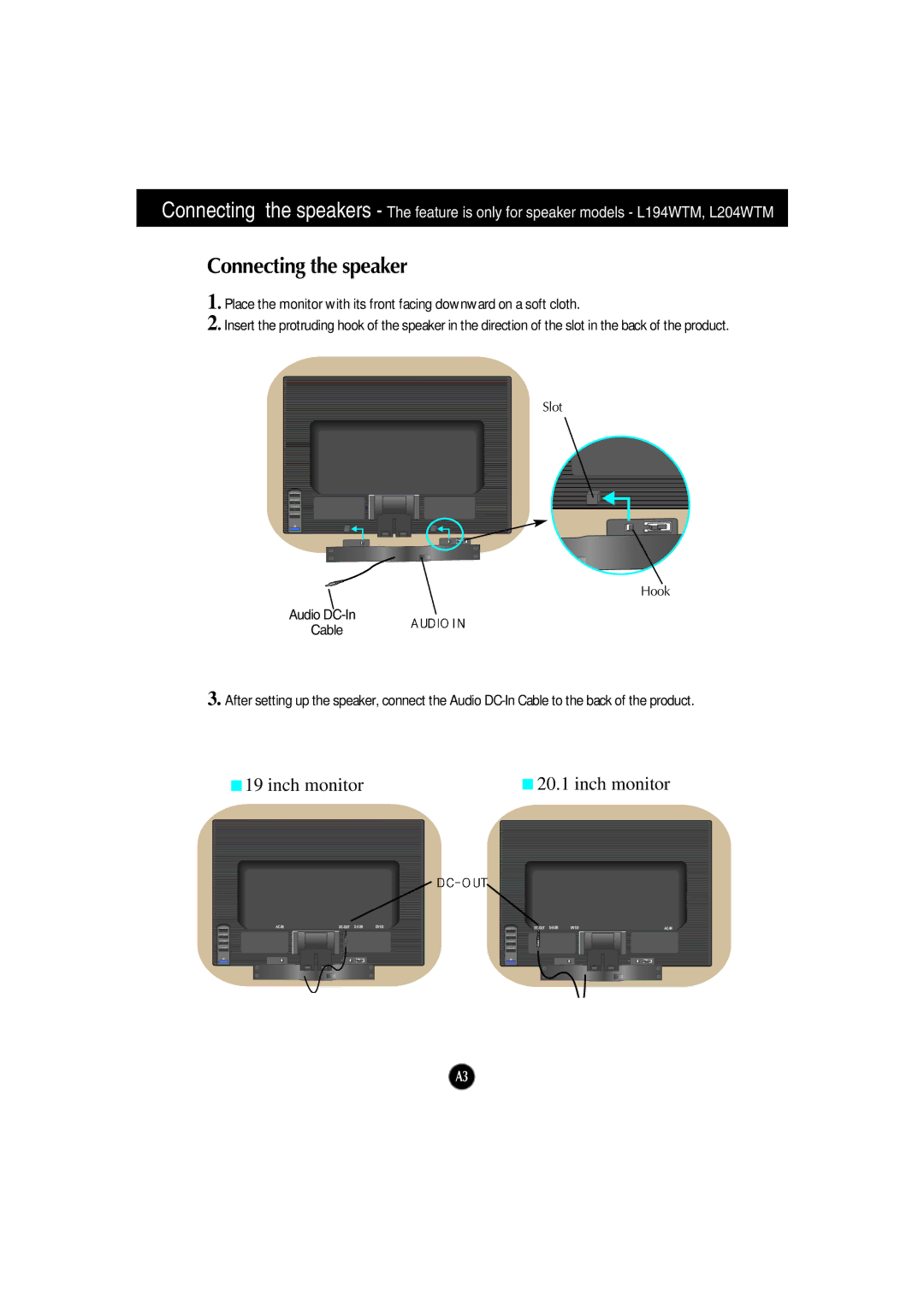 LG Electronics L204WTX, L194WTM, L194WTX, L194WTQ, L204WTM, L204WTQ manual Connecting the speaker 