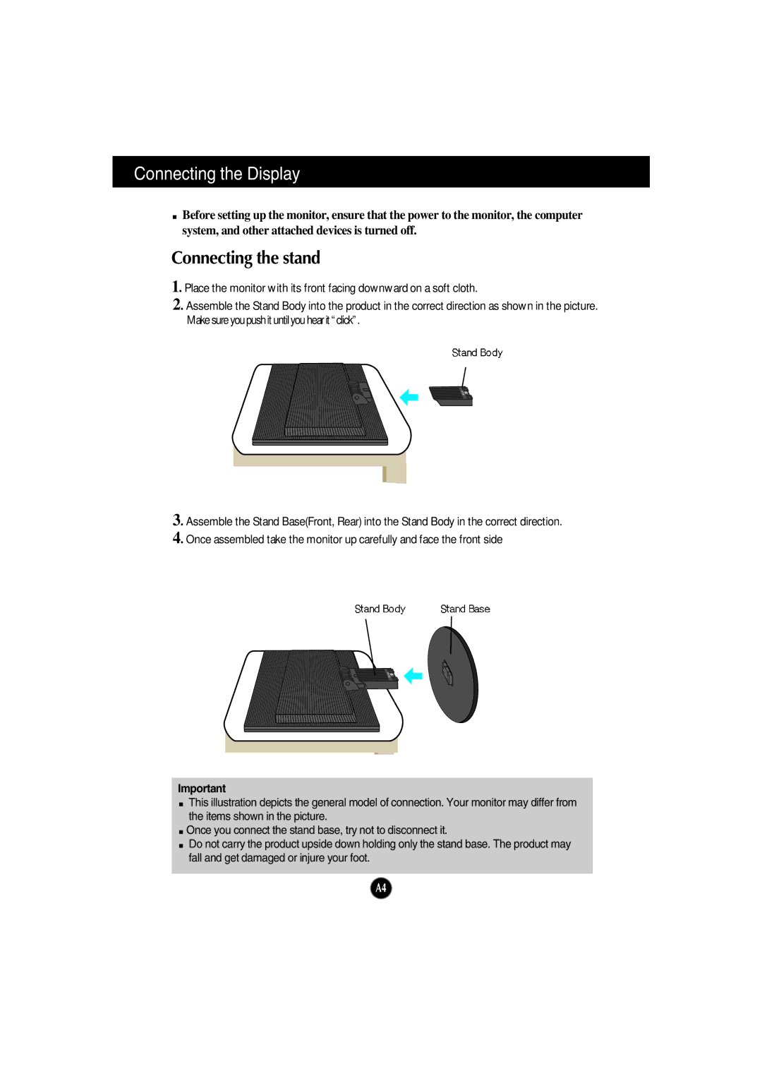 LG Electronics L204WTM, L194WTM, L194WTX, L194WTQ, L204WTX, L204WTQ manual Connecting the Display, Connecting the stand 