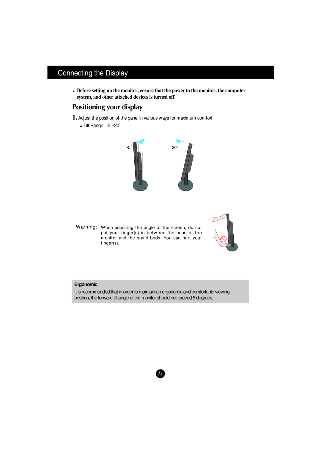 LG Electronics L194WTM, L194WTX, L194WTQ, L204WTX, L204WTM, L204WTQ manual Positioning your display, Ergonomic 