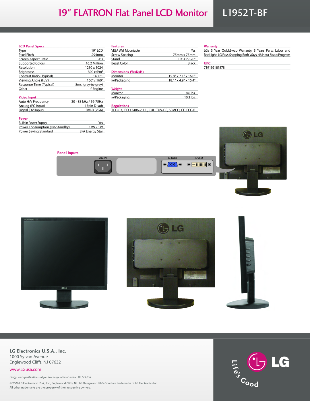 LG Electronics FLATRON Flat Panel LCD Monitor L1952T-BF, LG Electronics U.S.A., Inc, Panel Inputs, StandFeatures, Power 