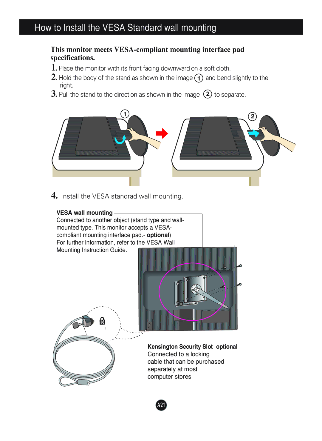 LG Electronics L1752TX, L1952TX manual How to Install the Vesa Standard wall mounting, Vesa wall mounting 