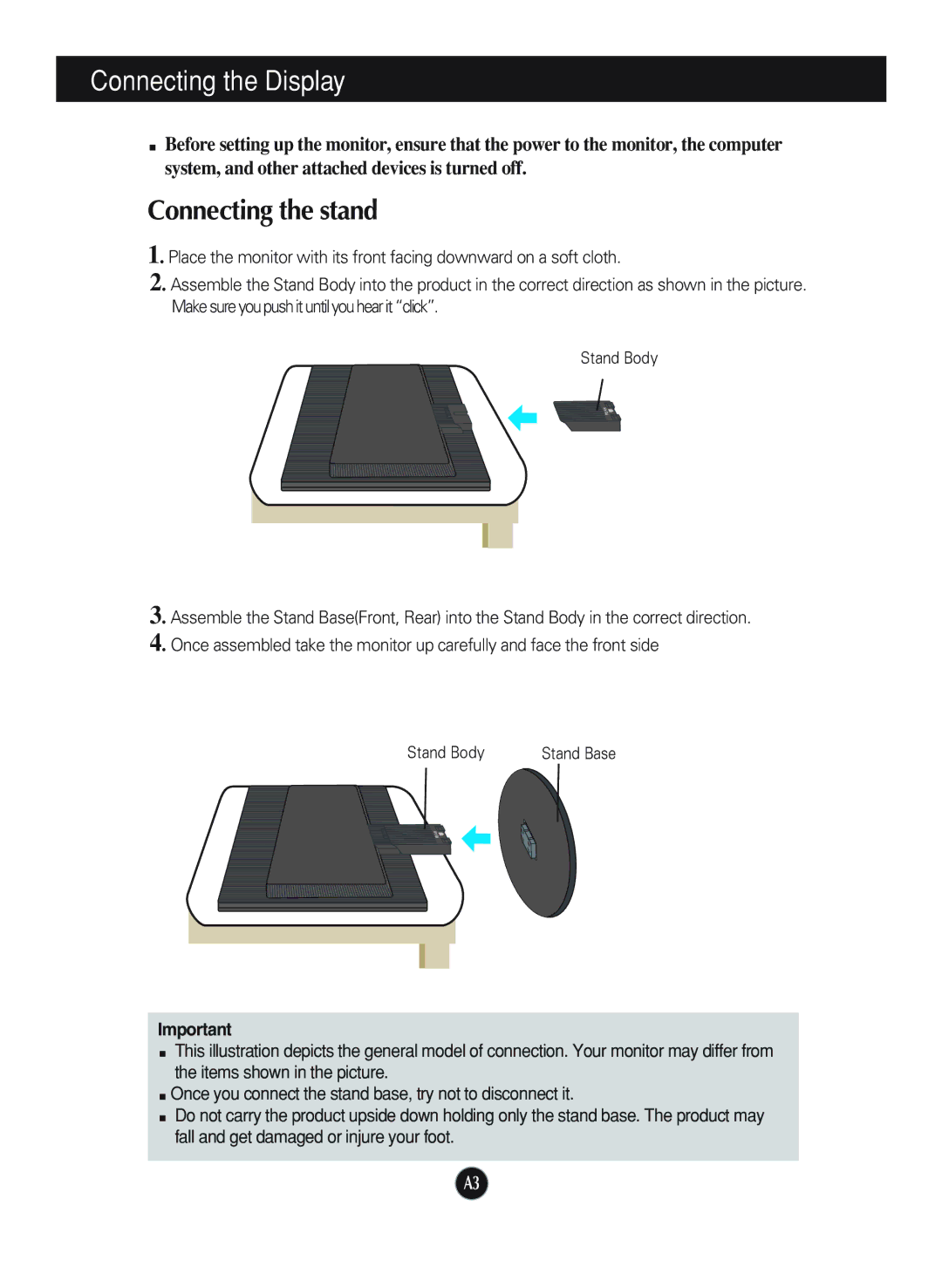 LG Electronics L1952TX, L1752TX manual Connecting the Display, Connecting the stand 