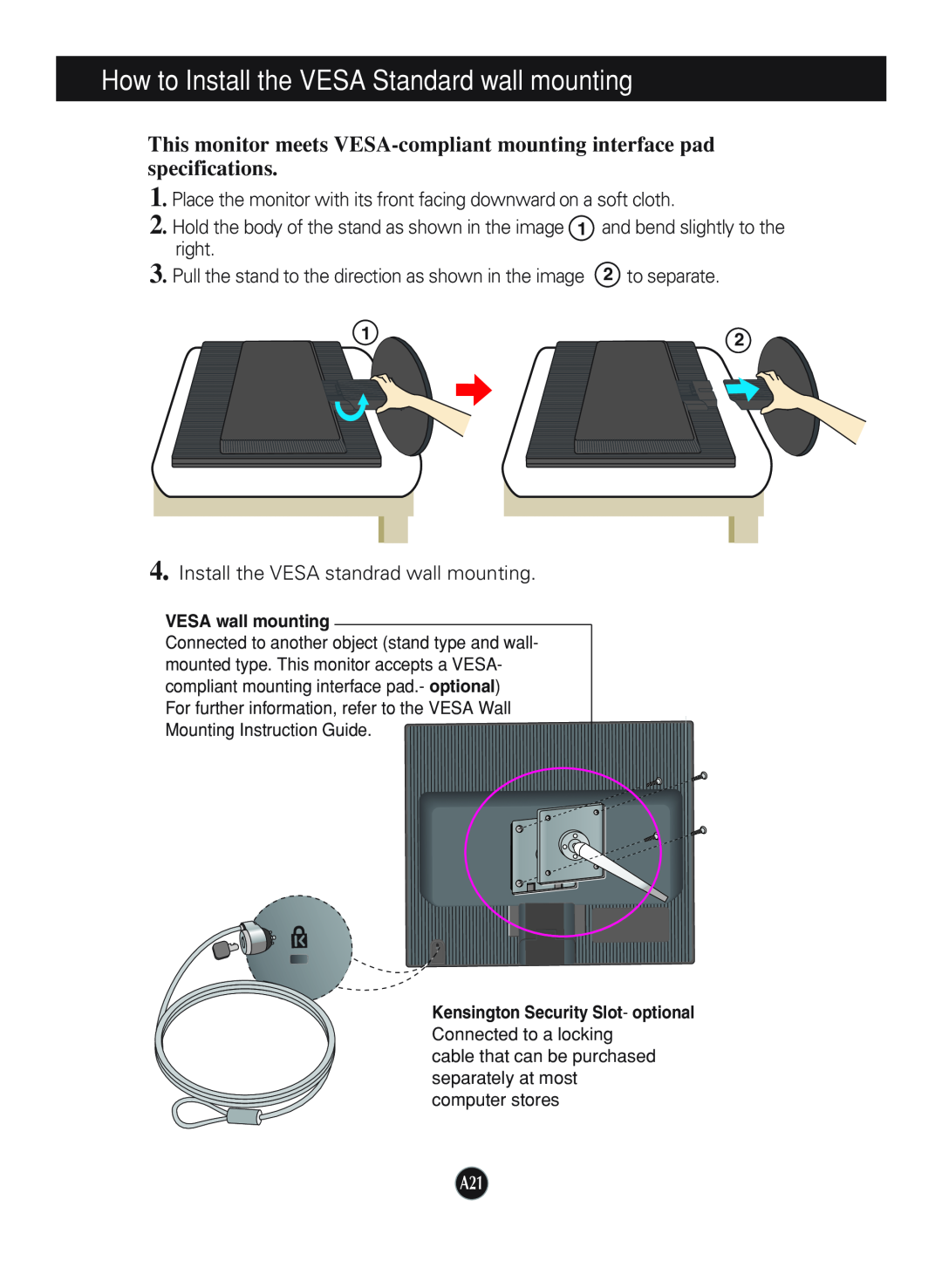 LG Electronics L1752TX, L1952TX manual How to Install the VESA Standard wall mounting, VESA wall mounting 