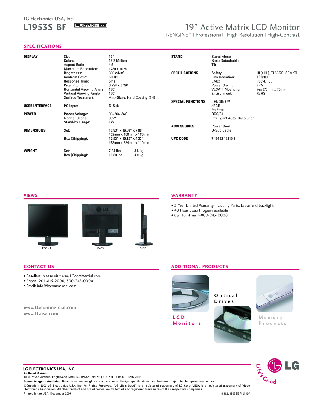 LG Electronics L1953S-BF Display, Stand, Certifications, Special Functions, User Interface, Power, Accessories, Dimensions 