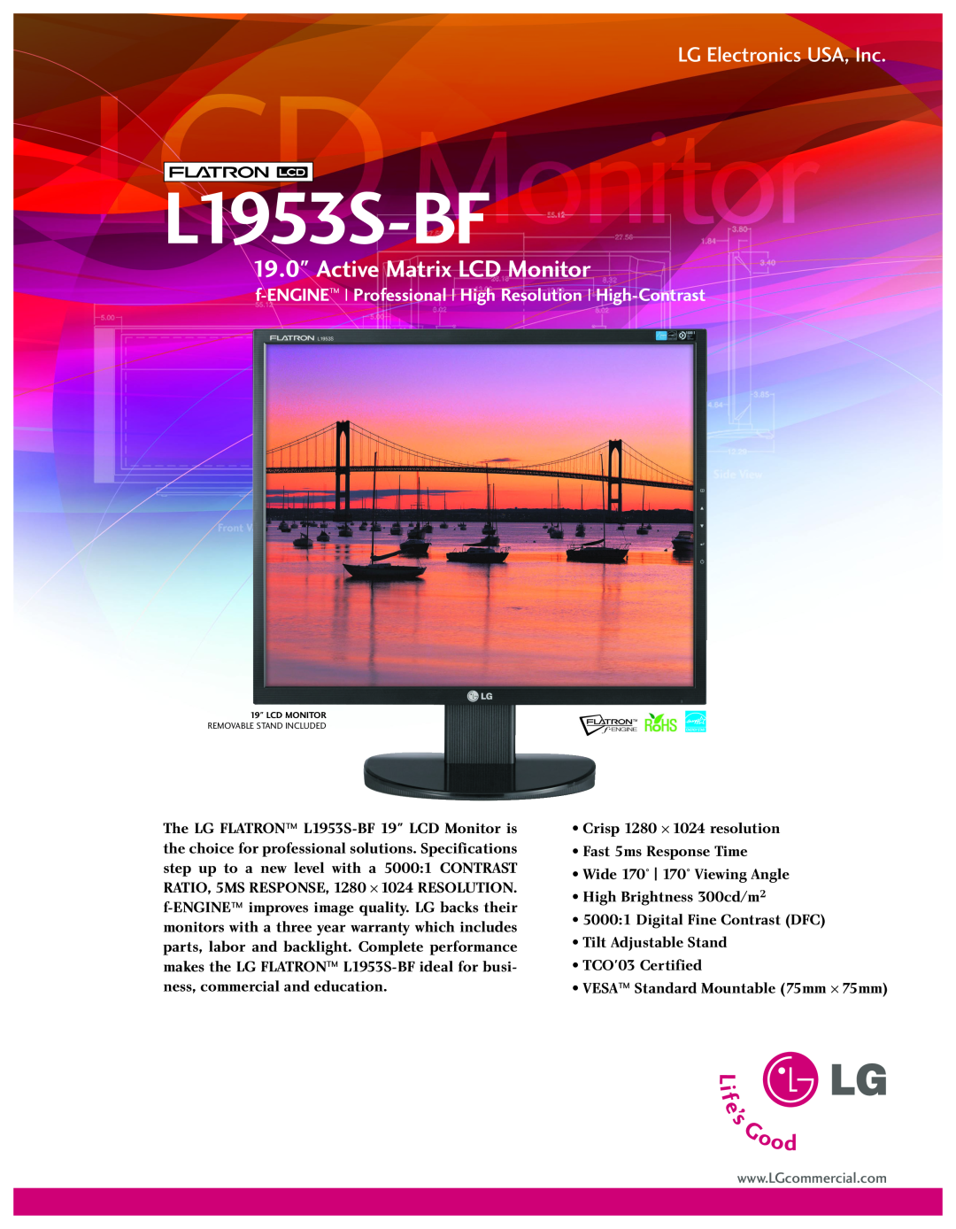 LG Electronics L1953S-BF specifications Active Matrix LCD Monitor, LG Electronics USA, Inc 