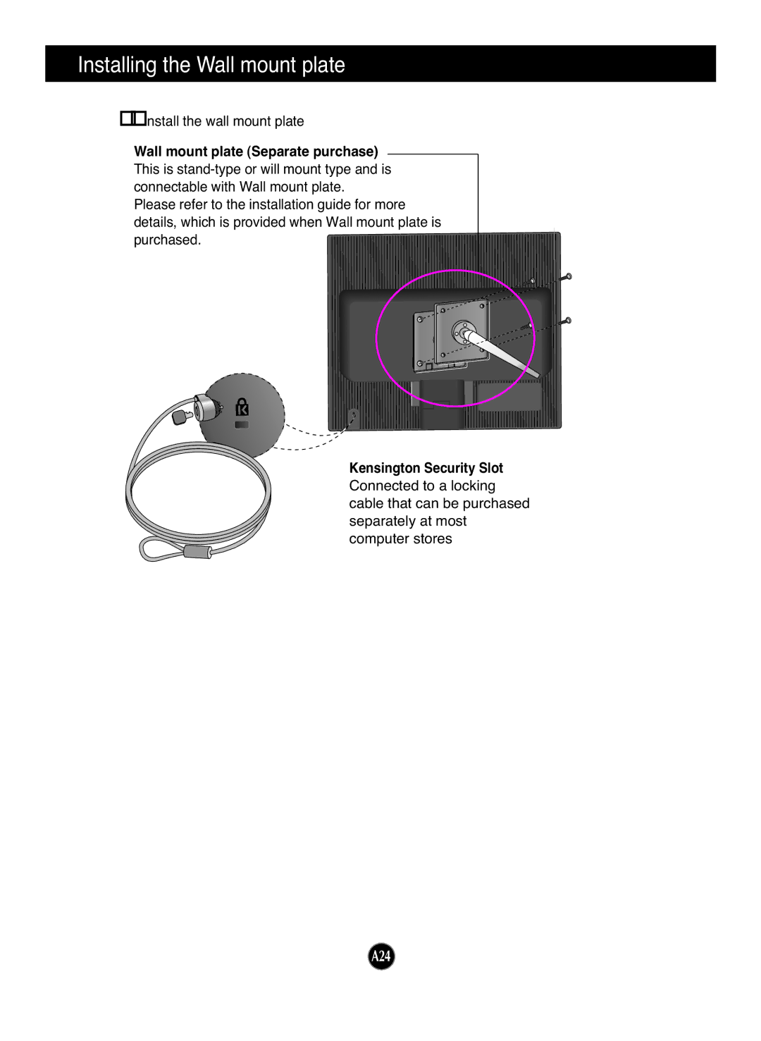 LG Electronics L1953TR, L1953TX, L1753TR, L1933TR, L1753TX manual Wall mount plate Separate purchase, Kensington Security Slot 