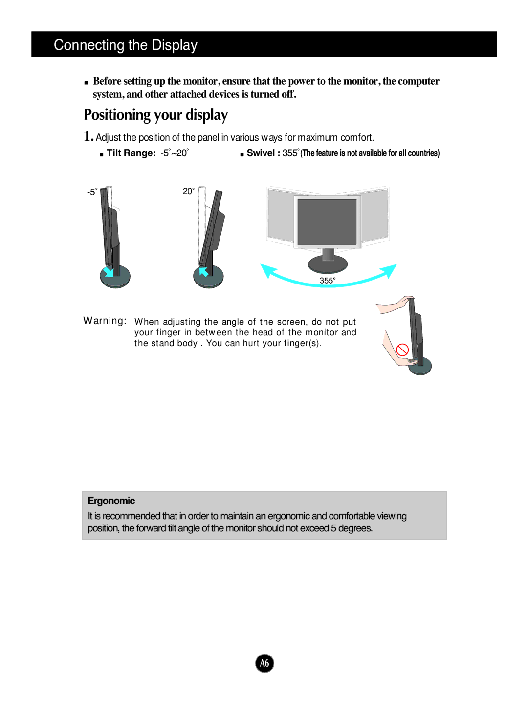 LG Electronics L1953TR, L1953TX, L1753TR, L1933TR, L1753TX manual Positioning your display, Tilt Range -5˚~20˚, Ergonomic 