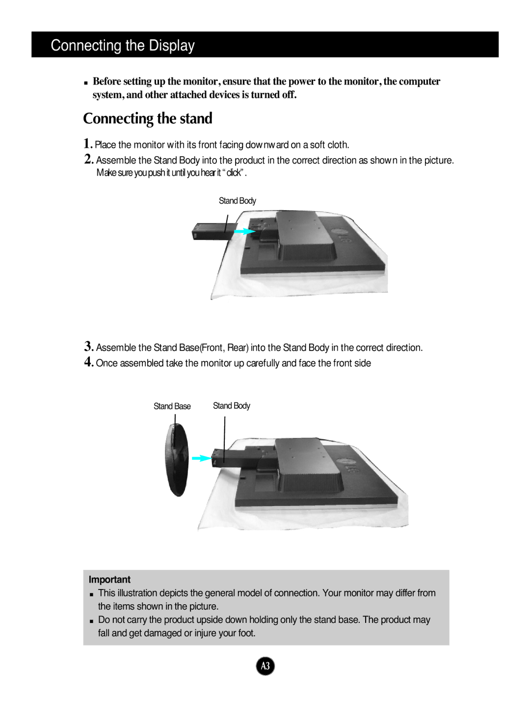 LG Electronics L1933TR, L1953TR, L1953TX, L1753TR, L1753TX, L1733TR manual Connecting the Display, Connecting the stand 