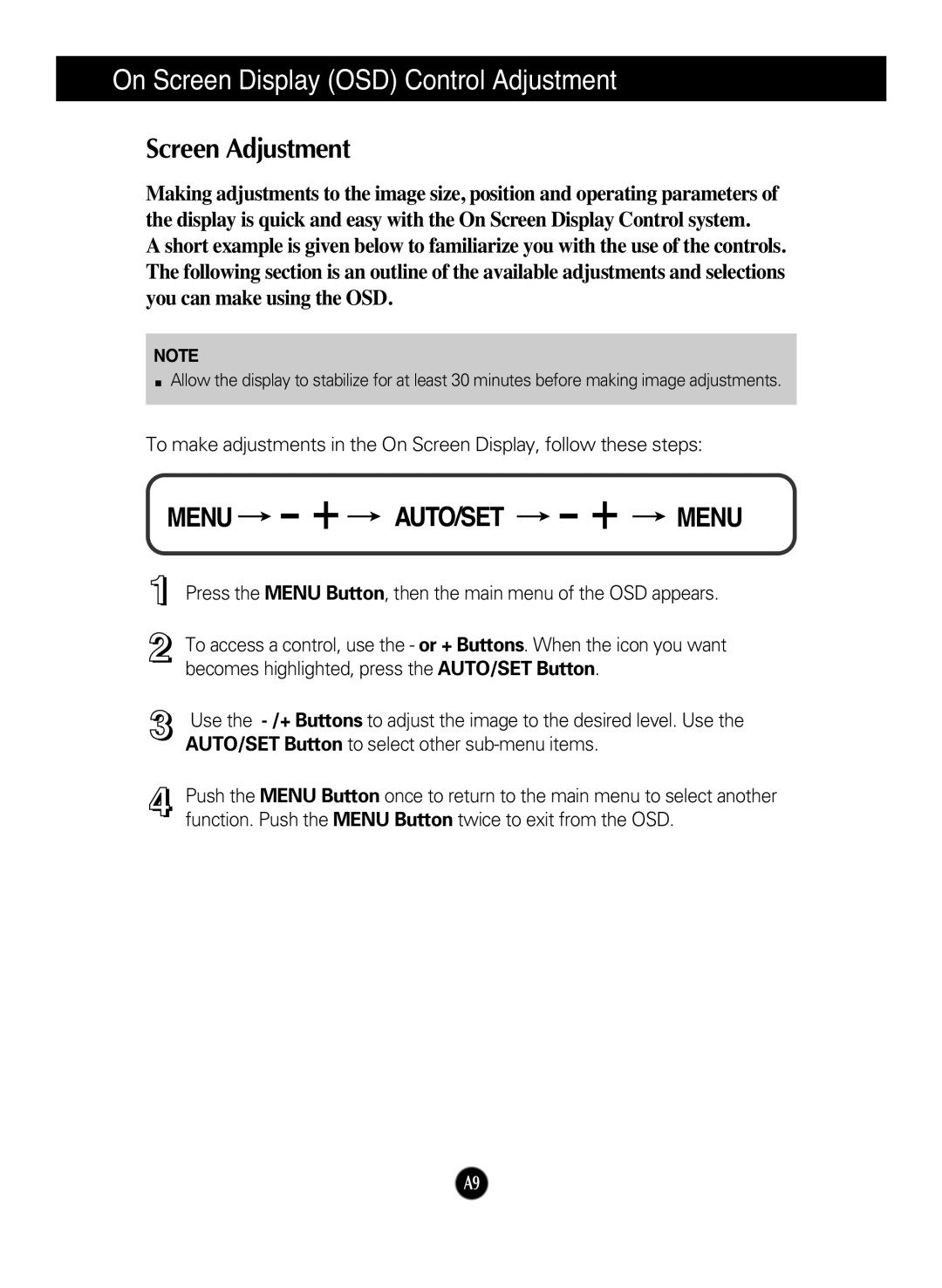 LG Electronics L1954TQ manual On Screen Display OSD Control Adjustment, Screen Adjustment 