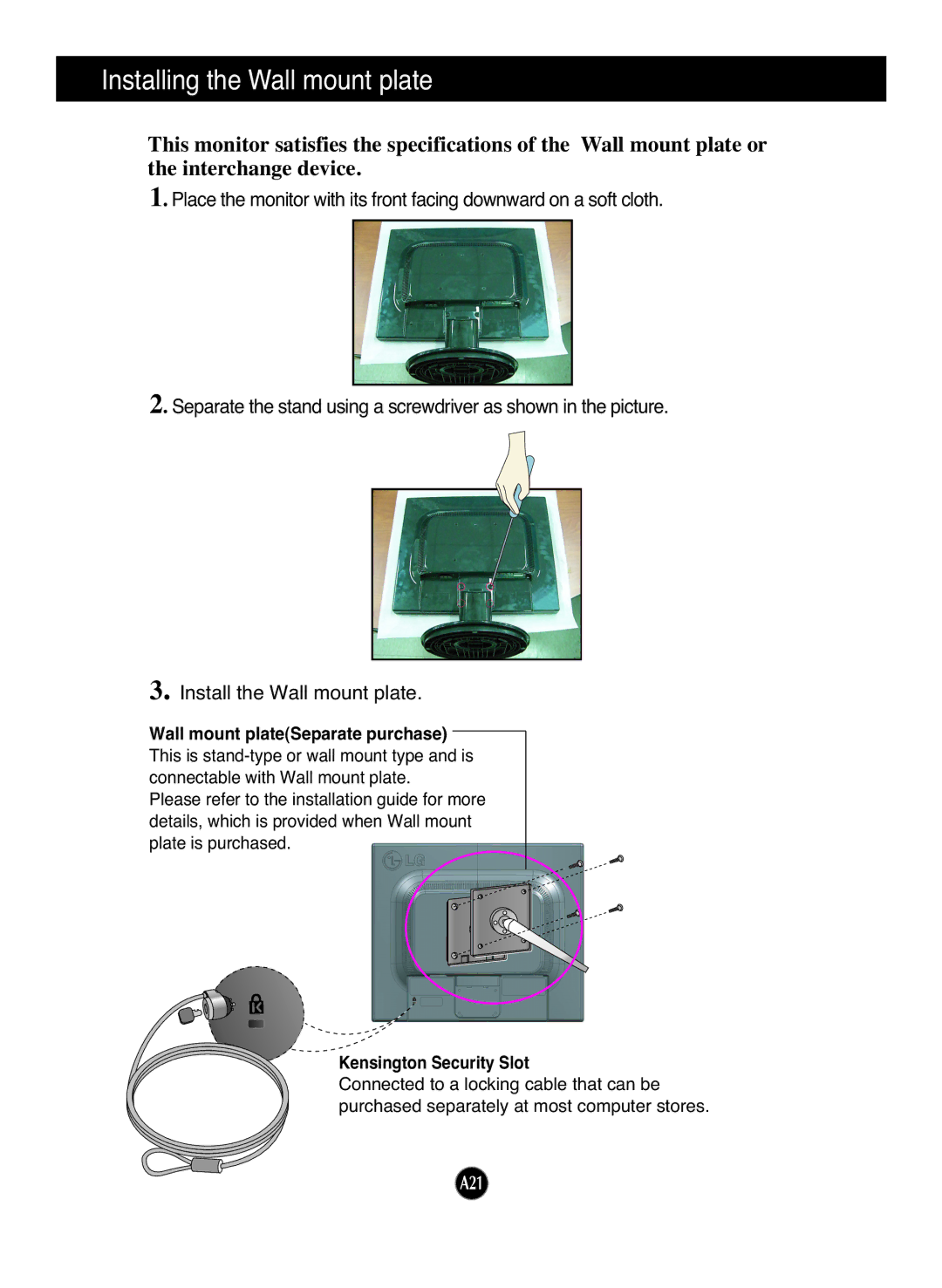 LG Electronics L1954T manual Installing the Wall mount plate, Wall mount plateSeparate purchase, Kensington Security Slot 