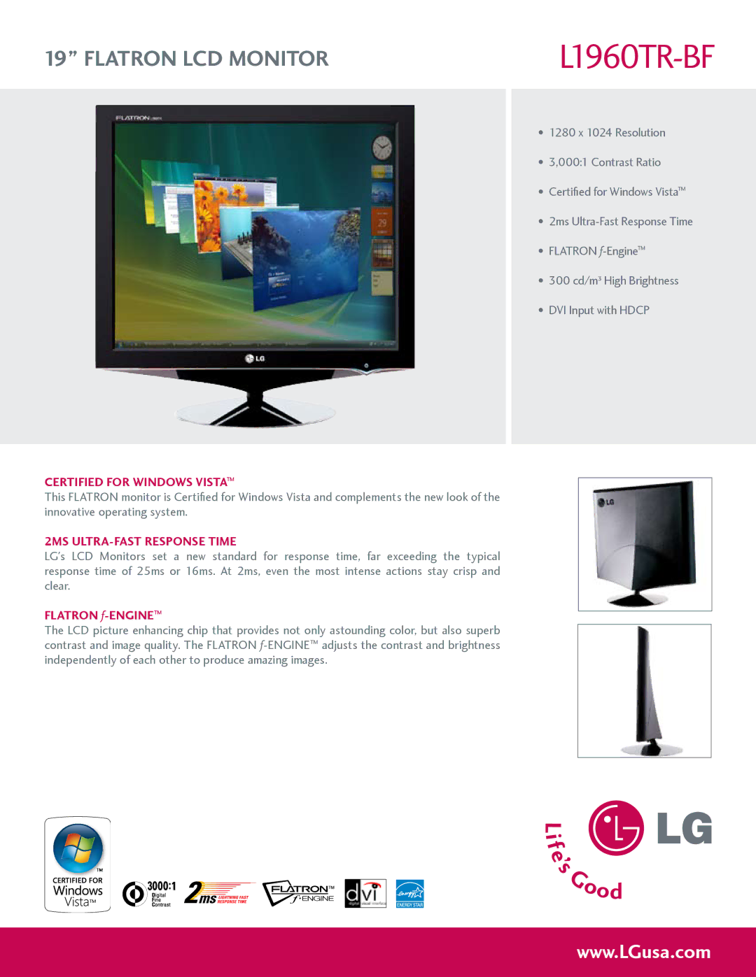 LG Electronics L1960TR-BF manual Certified for windows vista, Flatron f-ENGINE 