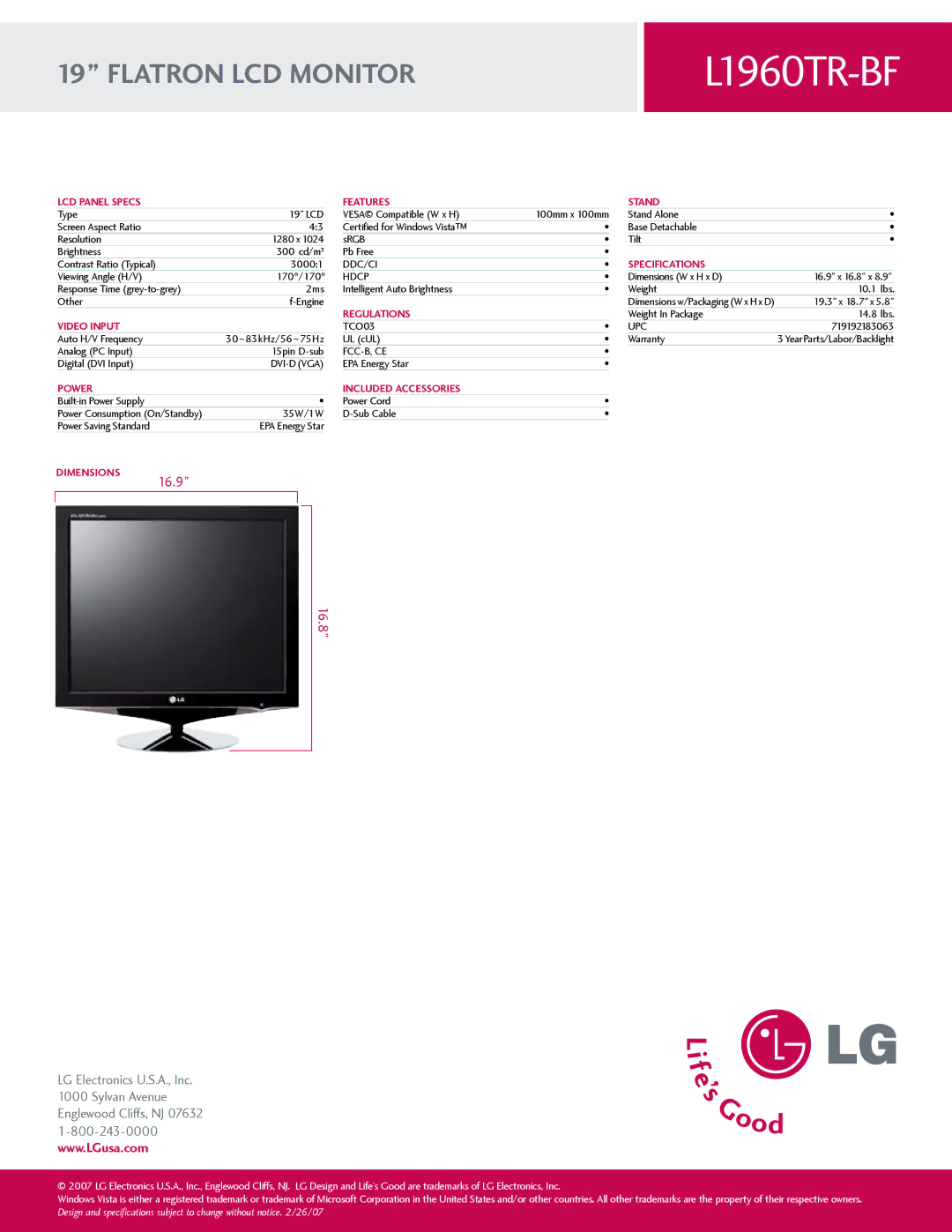 LG Electronics L1960TR-BF LCD Panel Specs Features Stand, Regulations, Video Input, Power Included Accessories, Dimensions 