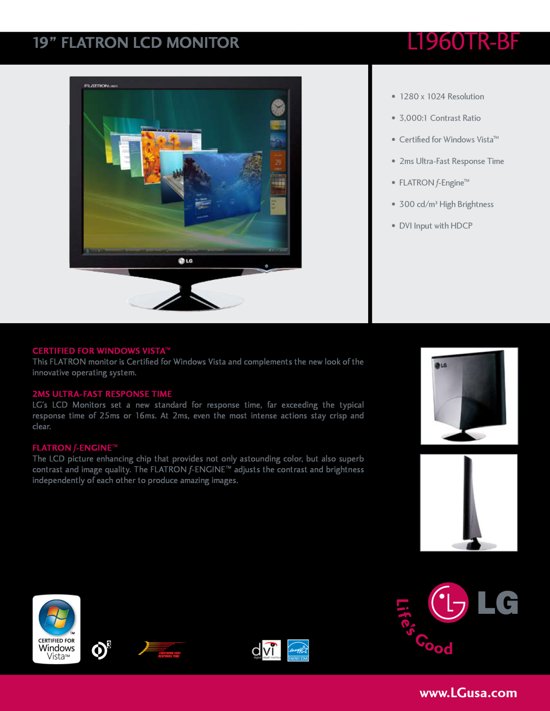 LG Electronics L1960TR-BF manual 19” FLATRON LCD MONITOR, certified for windows vista, 2MS ULTRA-FAST RESPONSE TIME 