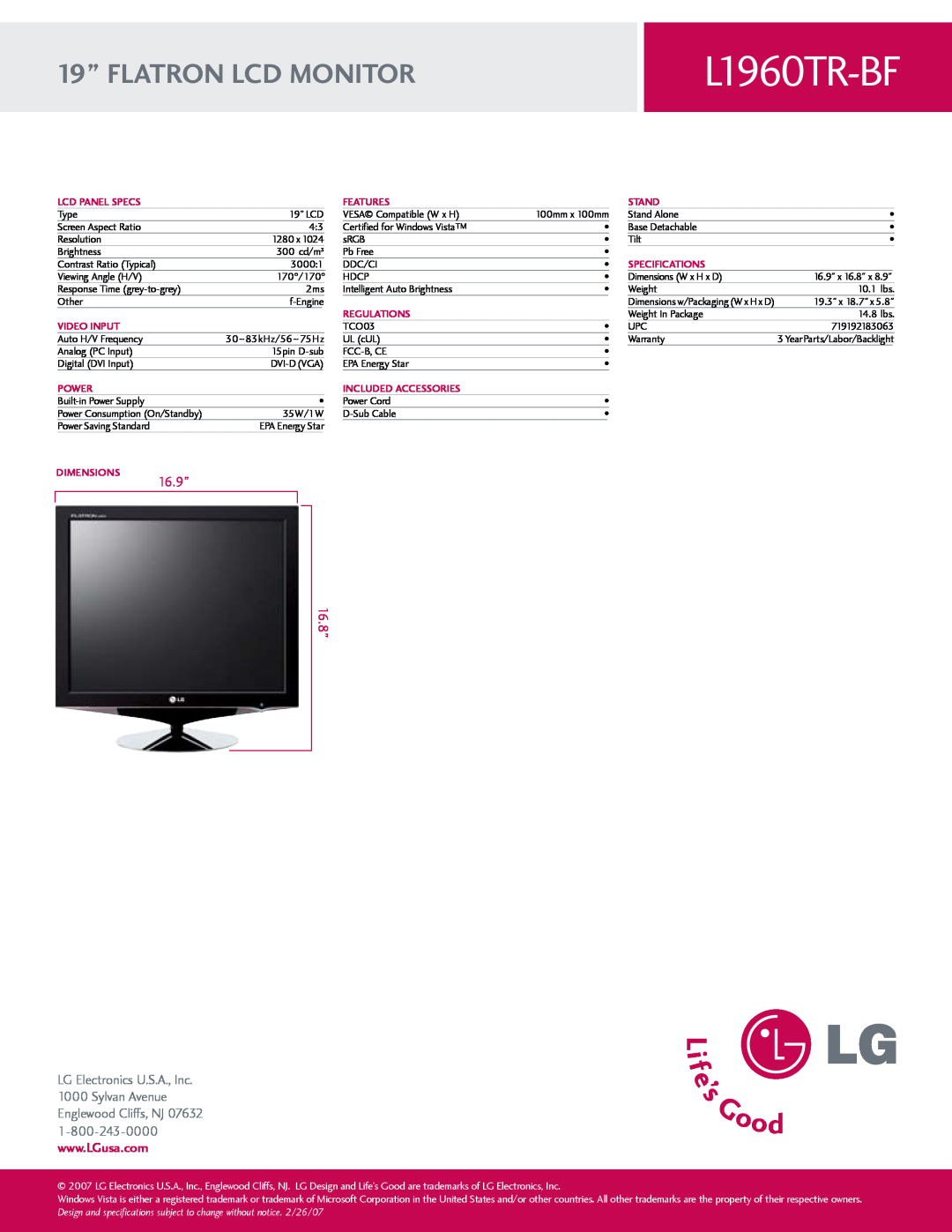 LG Electronics L1960TR-BF 19” FLATRON LCD MONITOR, 16.8”, 16.9”, Lcd Panel Specs, Features, Stand, Specifications, Power 