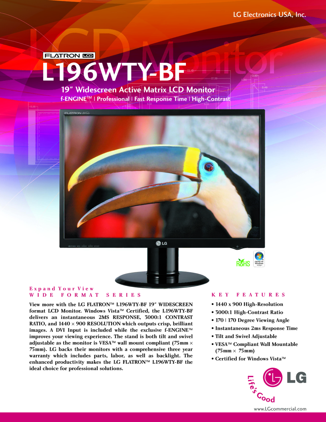 LG Electronics L196WTY-BF warranty D E F O R M a T S E R I E S, Y F E a T U R E S 