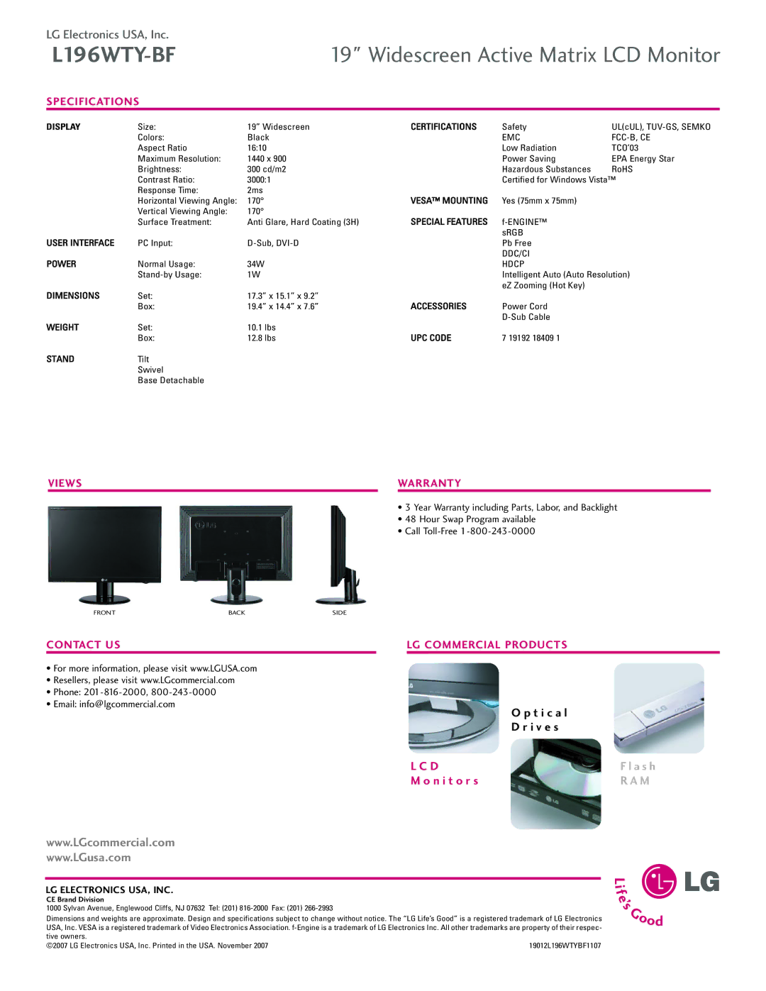 LG Electronics L196WTY-BF warranty Specifications, Views Warranty, Contact US LG Commercial Products 