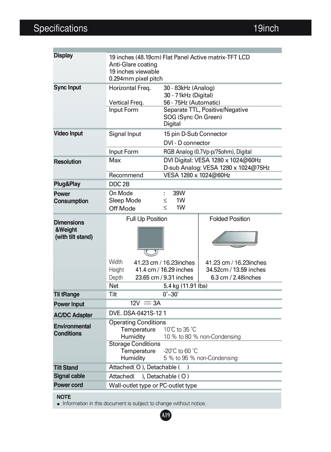 LG Electronics L1970HQ, L1970HR, L1770HQ manual Specifications 19inch 