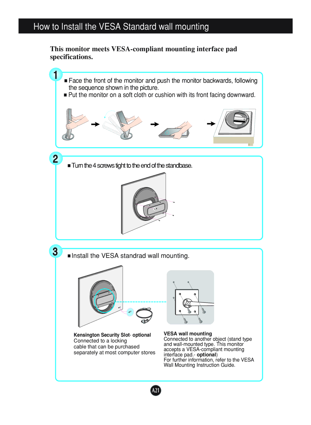 LG Electronics L1770HQ, L1970HR, L1970HQ manual How to Install the Vesa Standard wall mounting, Vesa wall mounting 