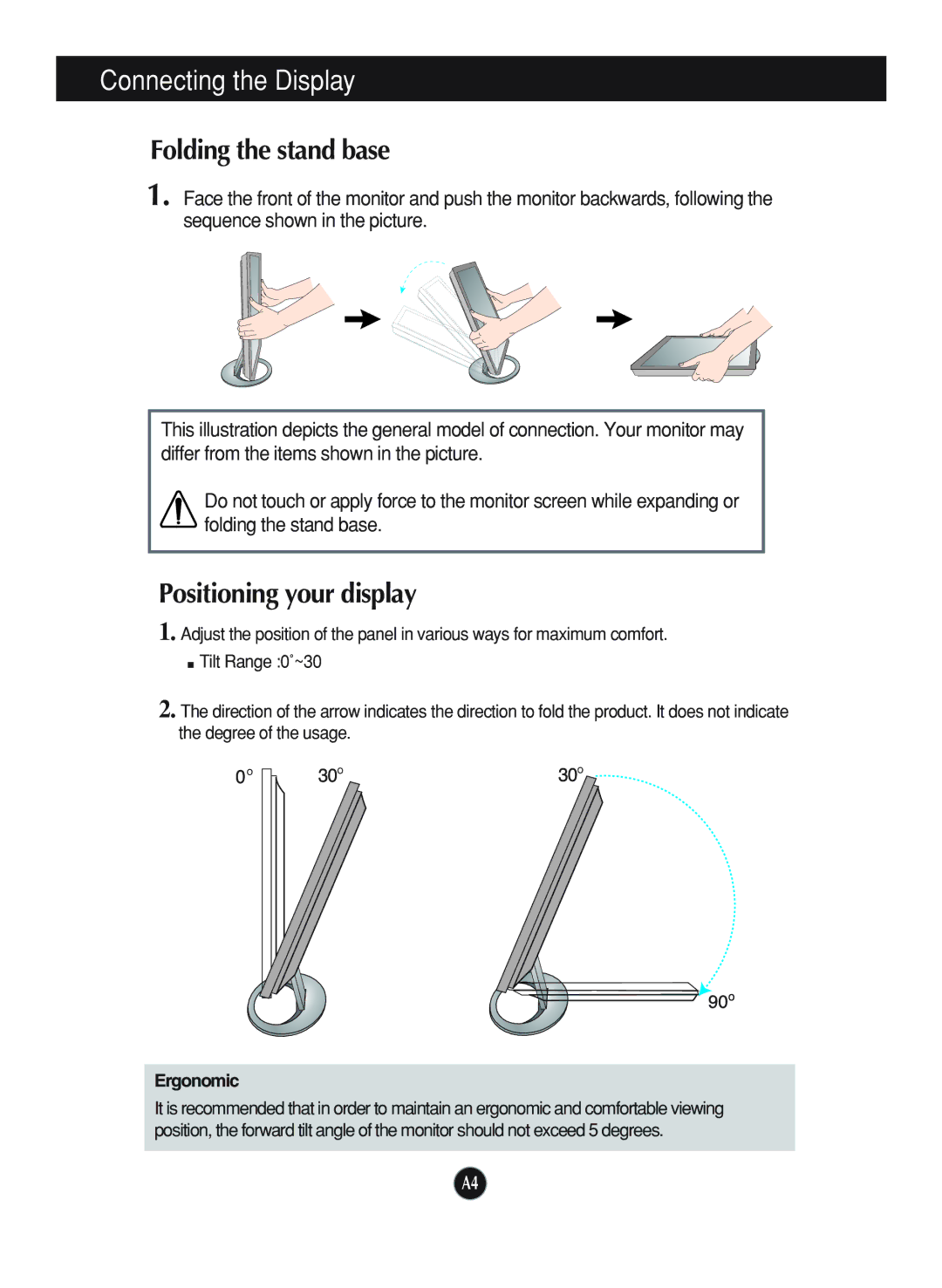 LG Electronics L1970HQ, L1970HR, L1770HQ manual Folding the stand base, Positioning your display, Ergonomic 