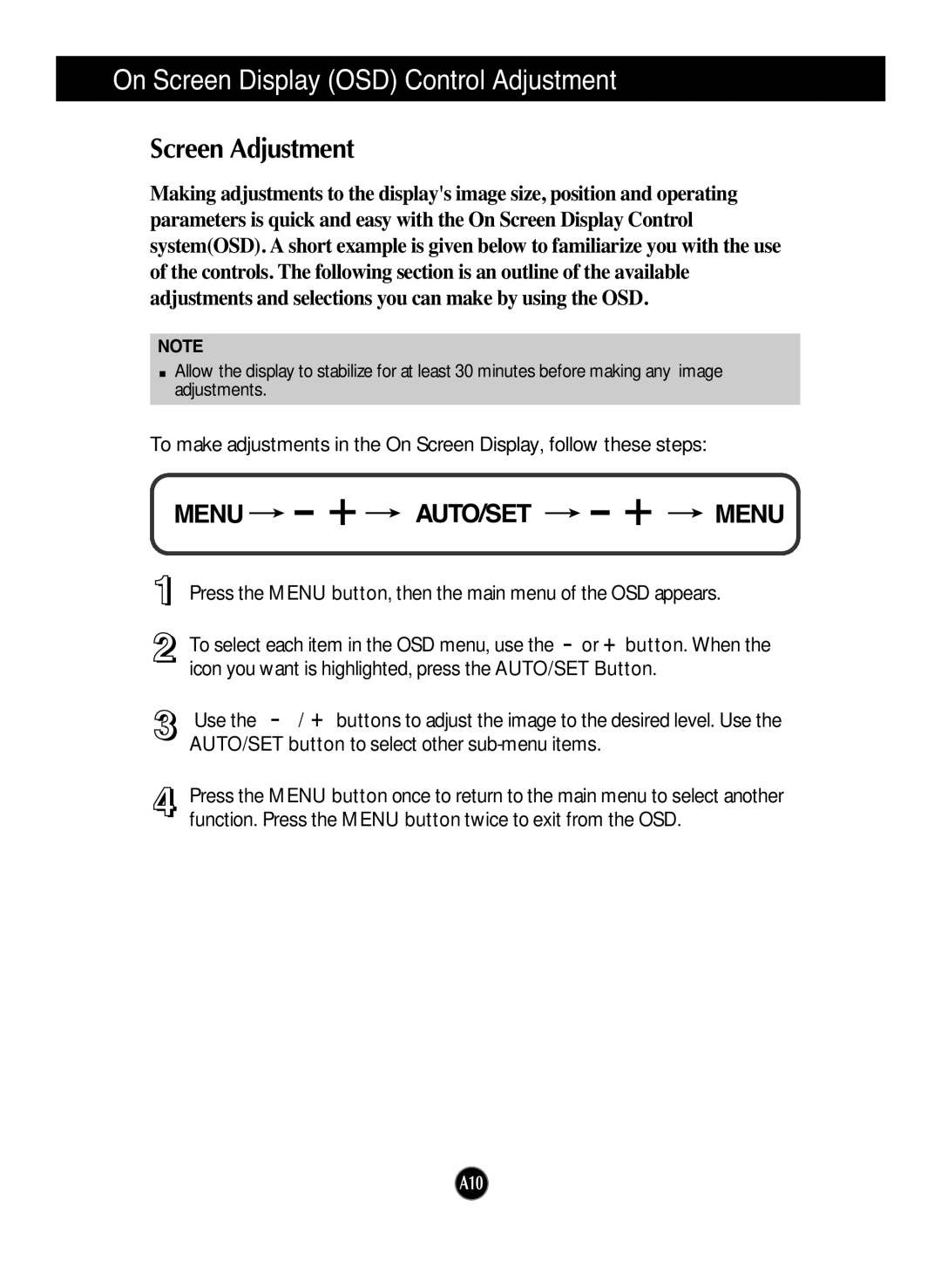 LG Electronics L1972H manual On Screen Display OSD Control Adjustment, Screen Adjustment 