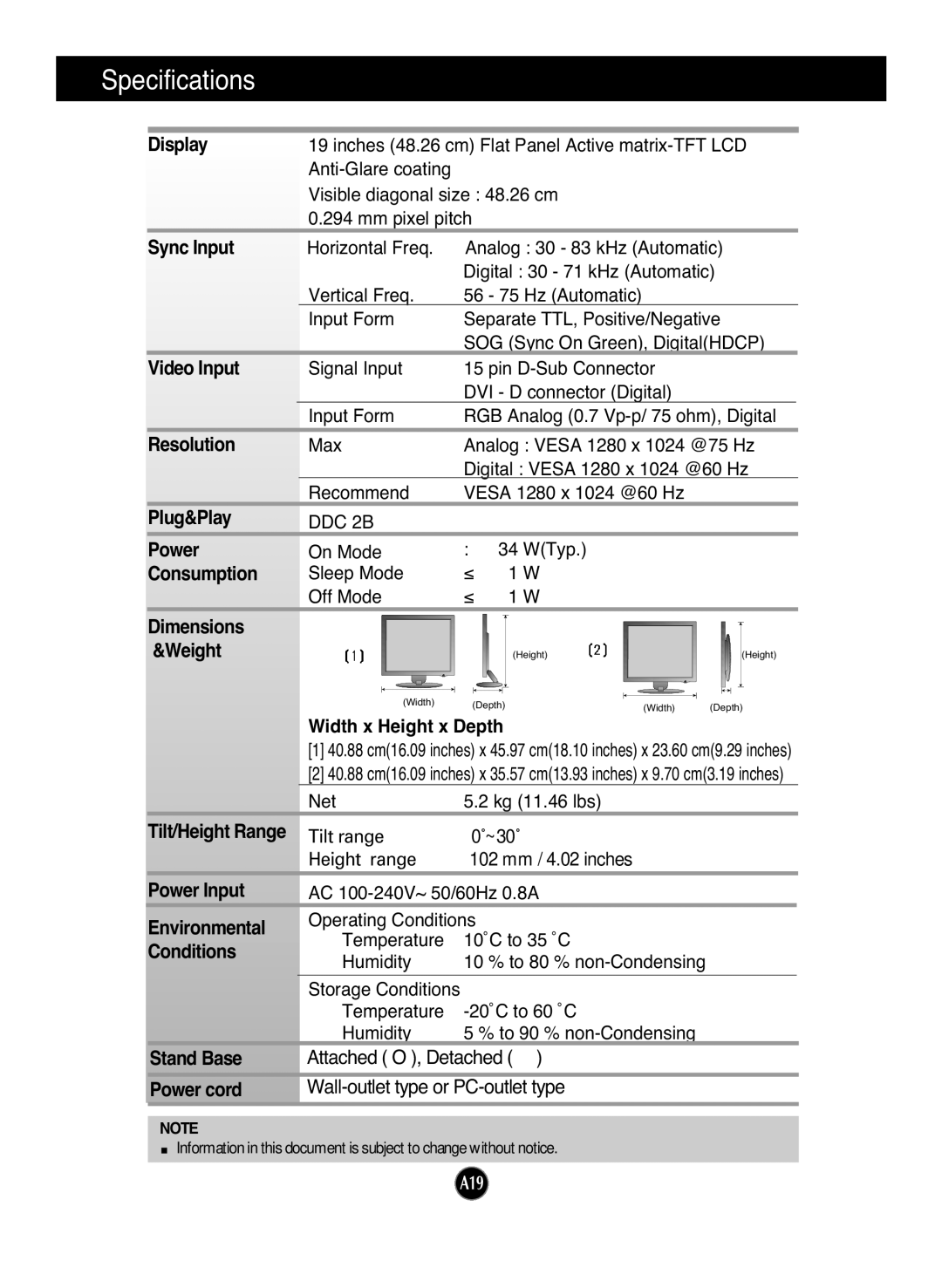 LG Electronics L1972H manual Specifications 