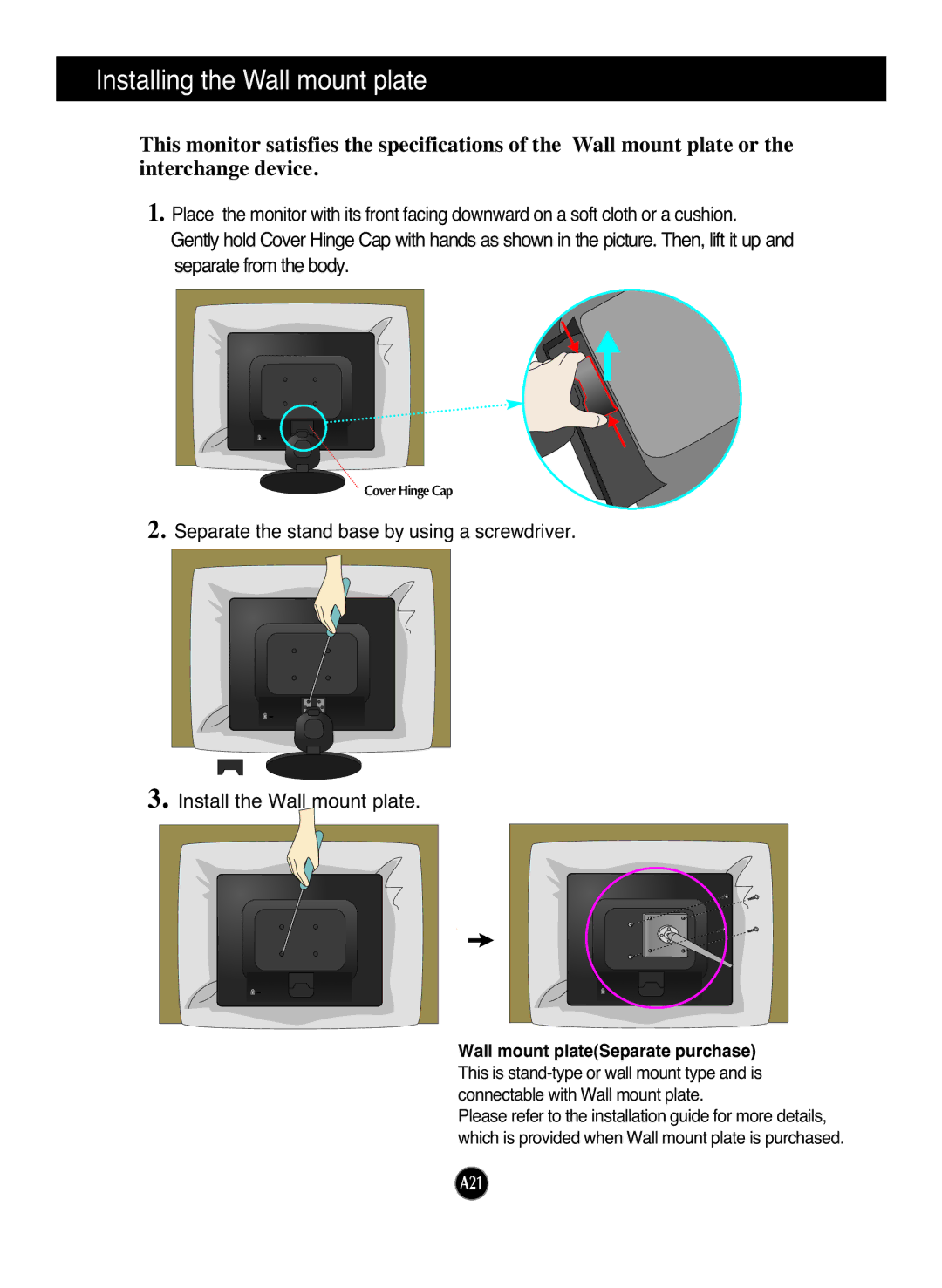 LG Electronics L1972H manual Installing the Wall mount plate, Wall mount plateSeparate purchase 