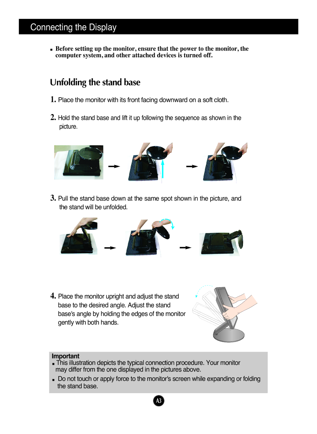 LG Electronics L1972H manual Connecting the Display, Unfolding the stand base 