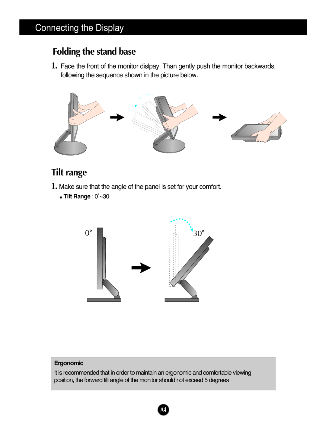 LG Electronics L1972H manual Folding the stand base, Tilt range, Tilt Range 0˚~30 Ergonomic 