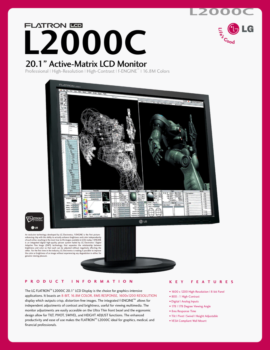 LG Electronics L2000C manual O D U C T I N F O R M a T I O N, Y F E a T U R E S 