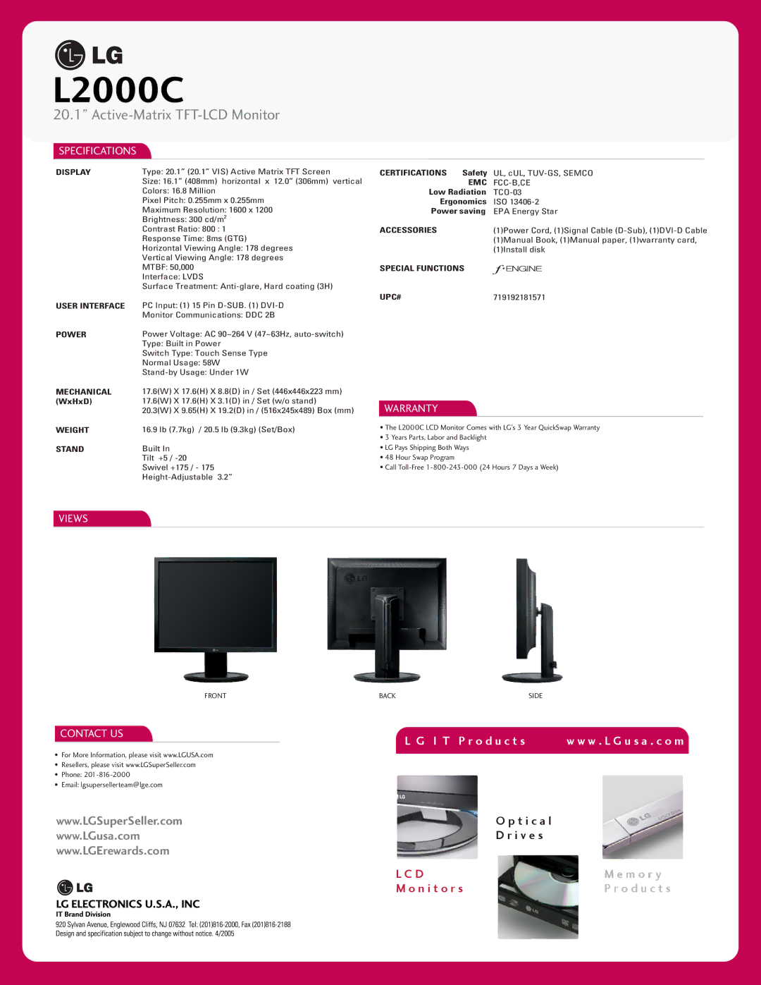 LG Electronics L2000C manual Specifications, Warranty, Views, Contact US 