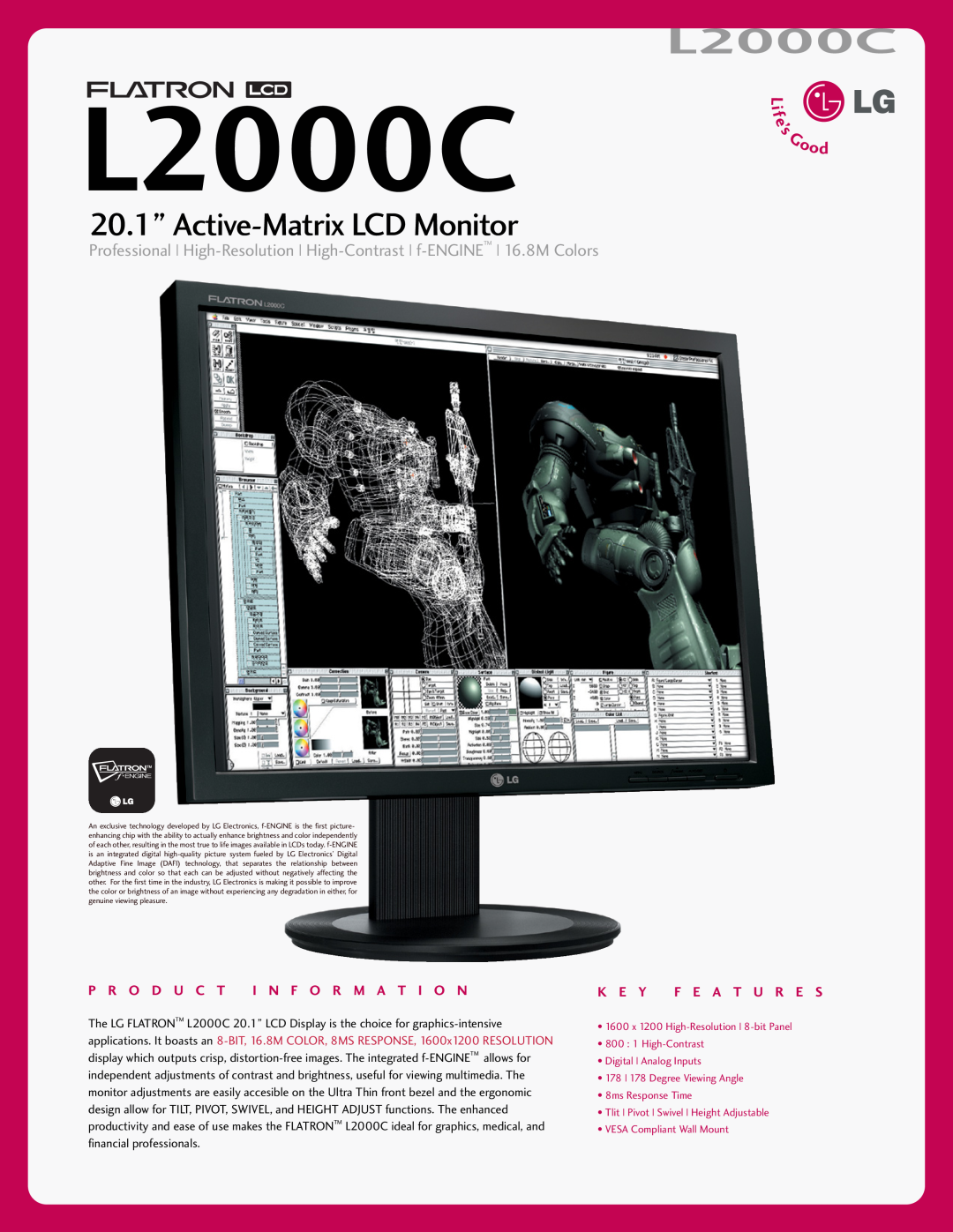 LG Electronics L2000C manual 20.1” Active-Matrix LCD Monitor, P R O D U C T I N F O R M A T I O N, K E Y F E A T U R E S 