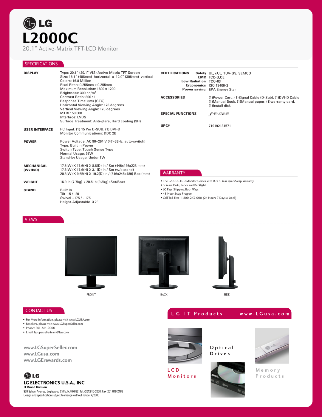 LG Electronics L2000C manual 20.1” Active-Matrix TFT-LCD Monitor, L G I T P r o d u c t s, O p t i c a l D r i v e s, L C D 