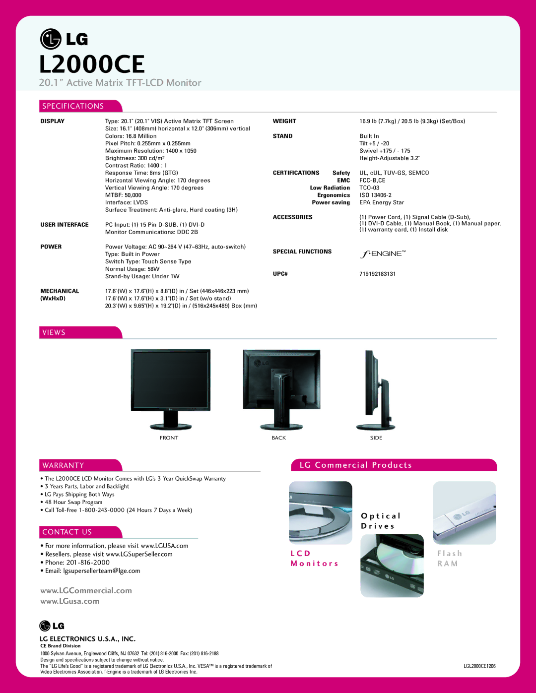 LG Electronics L2000CE manual Specifications, Views, Warranty, Contact US 