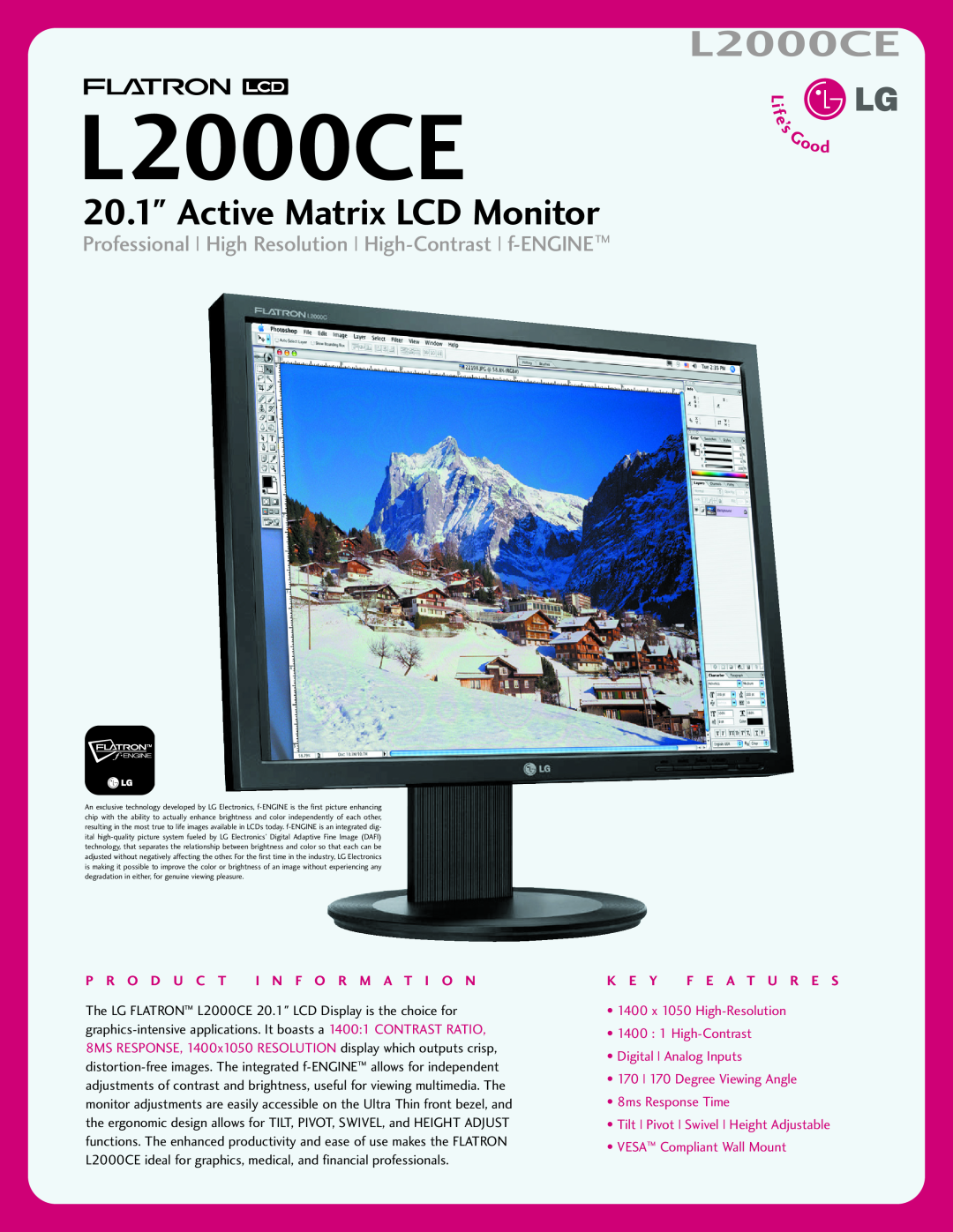 LG Electronics L2000CE manual Active Matrix LCD Monitor, Professional High Resolution High-Contrast f-ENGINE 