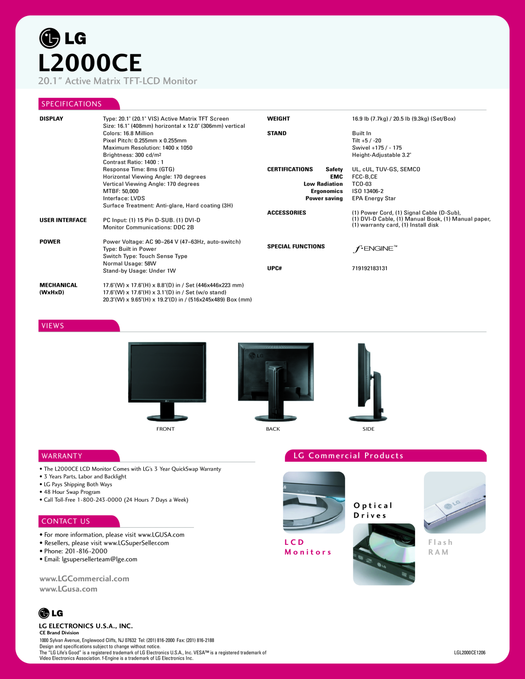 LG Electronics L2000CE Active Matrix TFT-LCD Monitor, LG Commercial Products, O p t i c a l D r i v e s, L C D, R A M 