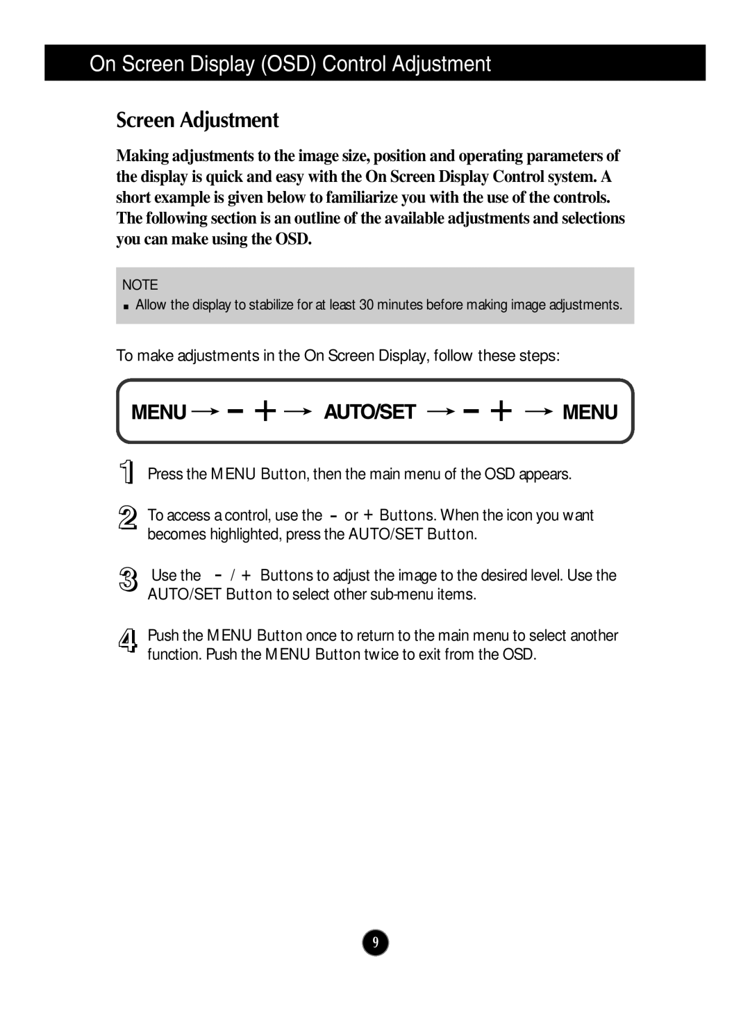 LG Electronics L2000CP manual On Screen Display OSD Control Adjustment, Screen Adjustment 