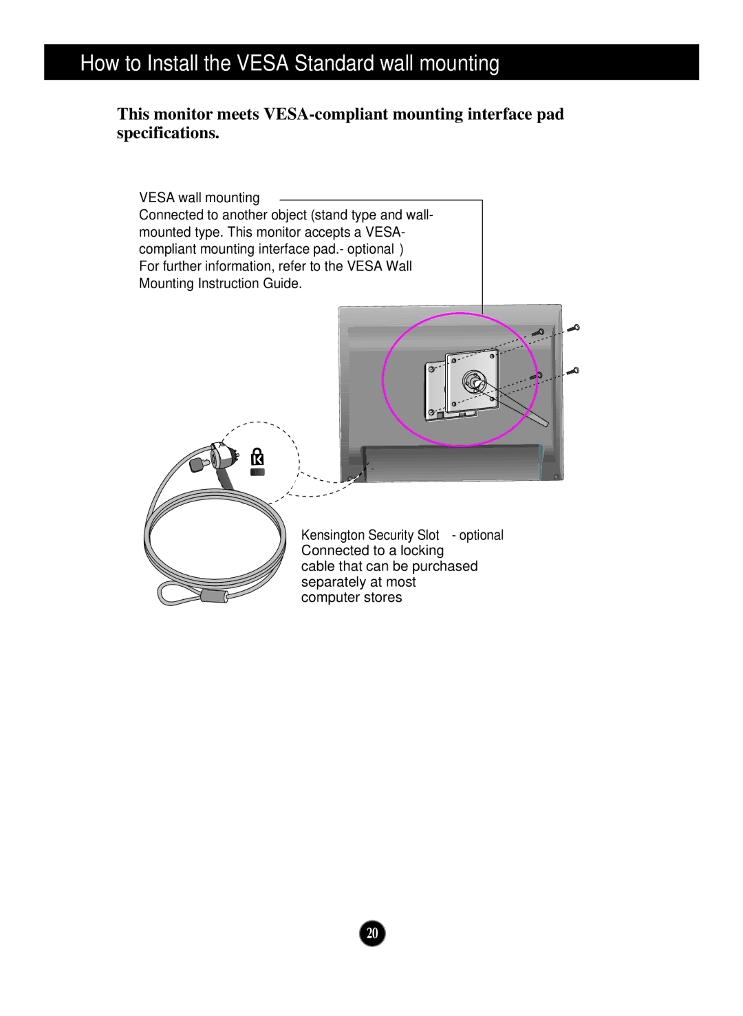 LG Electronics L2000CP manual How to Install the Vesa Standard wall mounting, Vesa wall mounting 