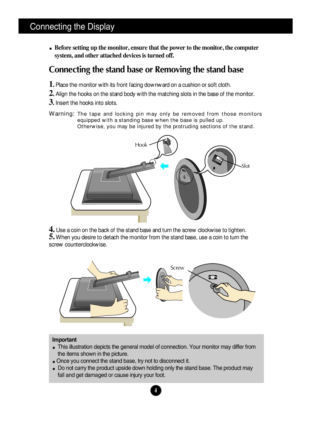 LG Electronics L2000CP manual Connecting the Display, Connecting the stand base or Removing the stand base 